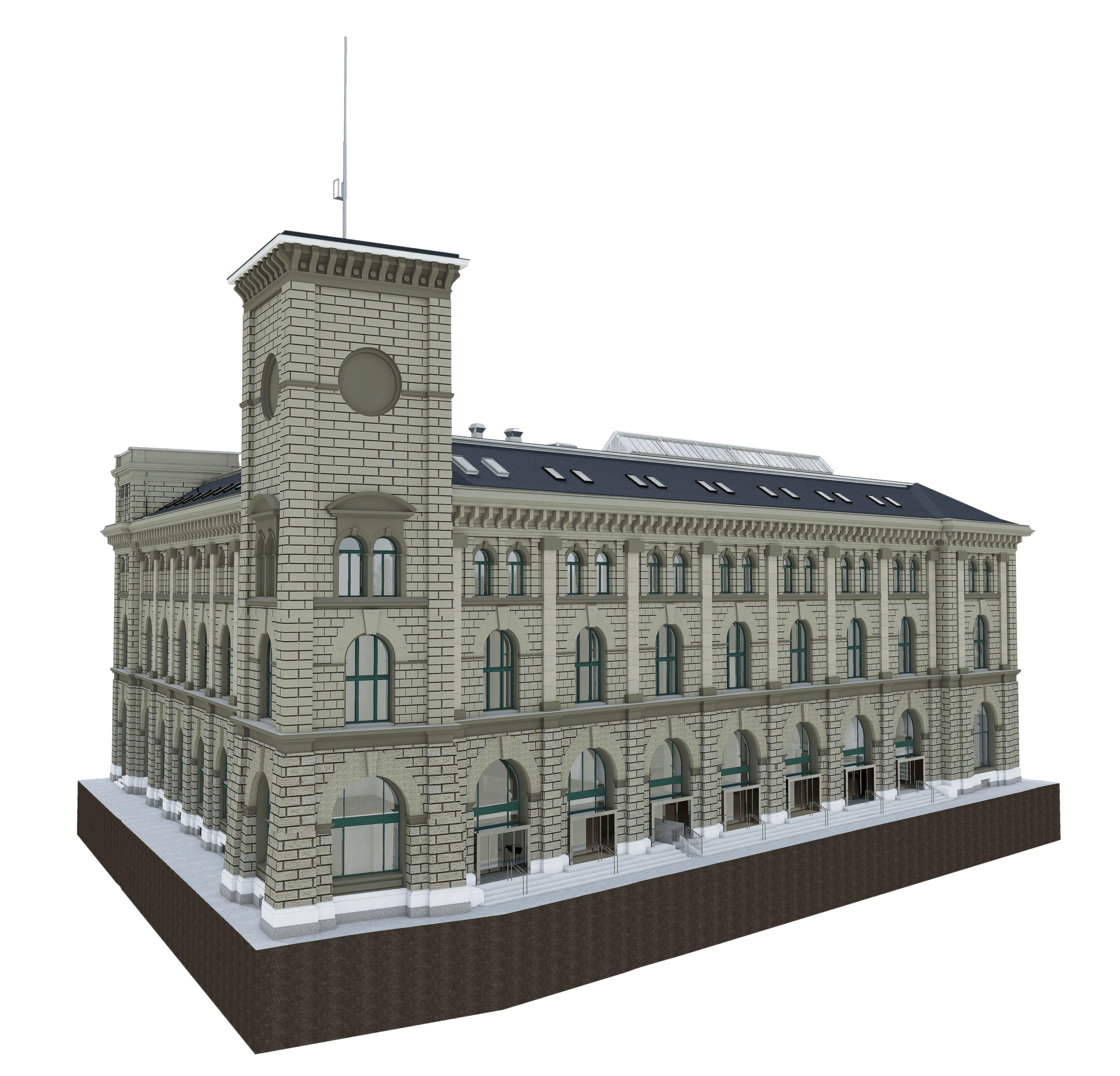 Ein historisches Gebäude mit dreistöckigem grauem Mauerwerk und einem hohen Uhrturm.