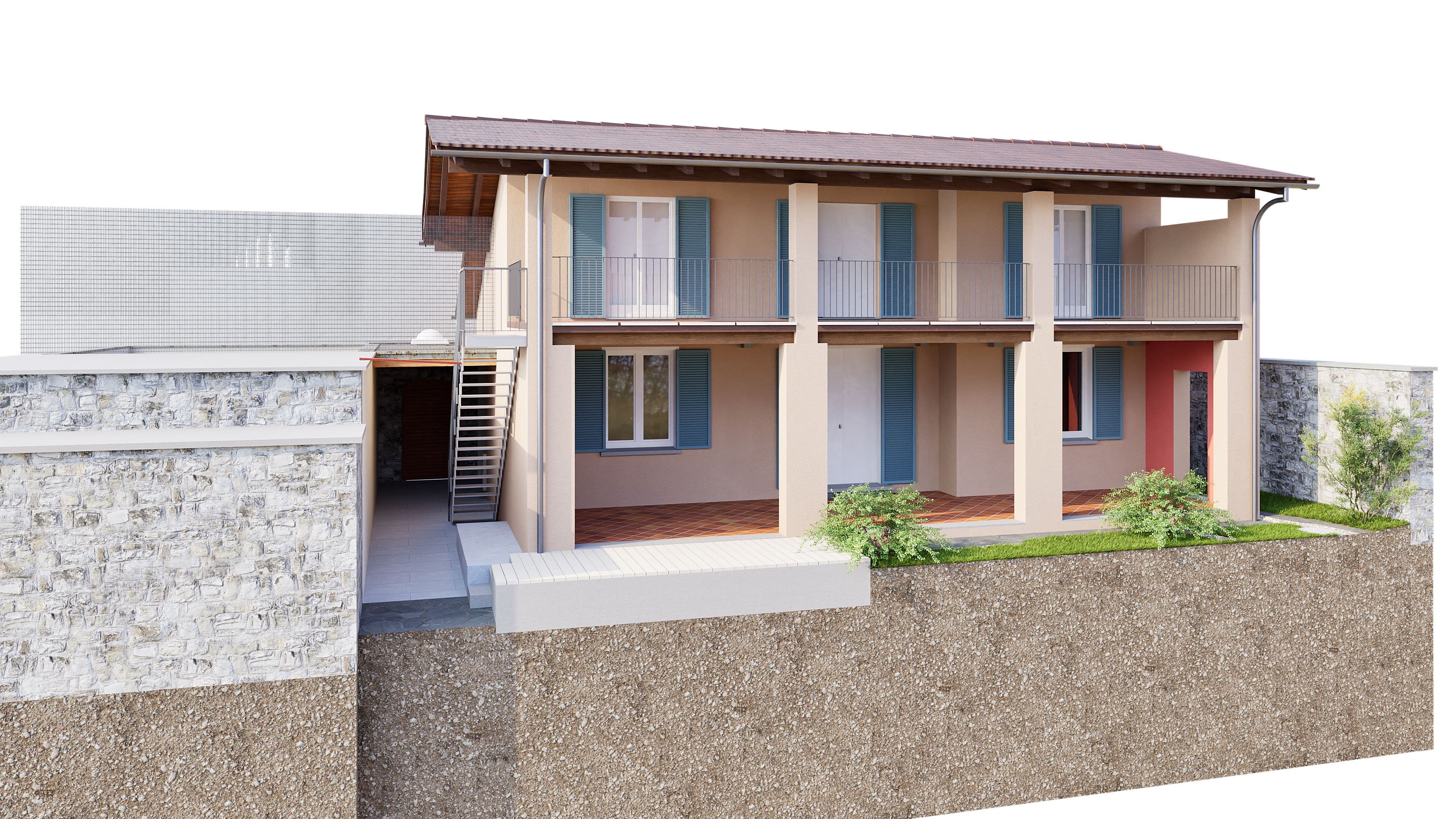 Modernisiertes, zweistöckiges Gebäude mit Terrasse und Balkon, umgeben von Steinmauer und Garten.