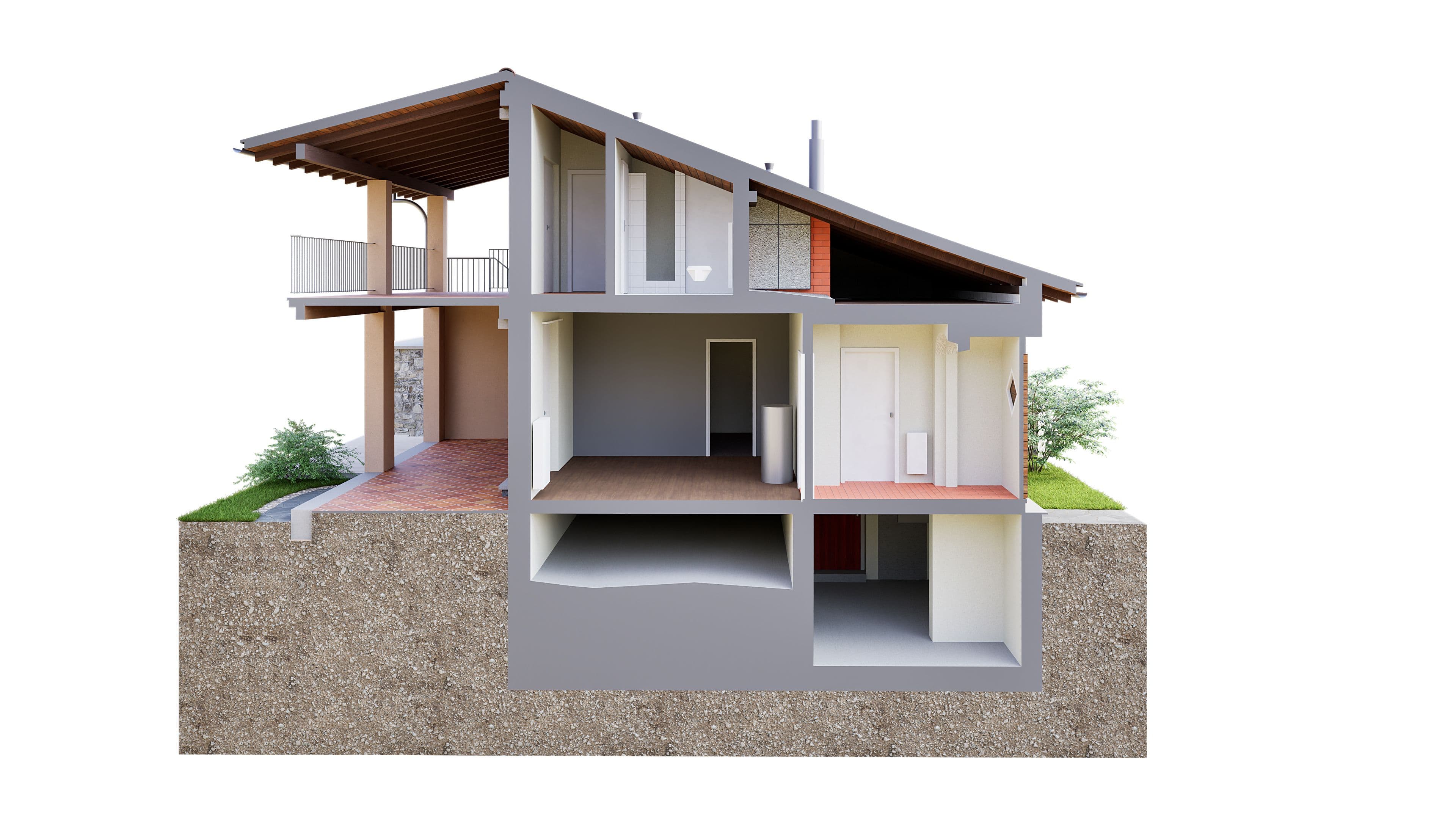 Energiesparendes zweistöckiges Haus im Querschnitt, zeigt modernen Holzbau, großzügige Fensterflächen und nachhaltige Architektur.