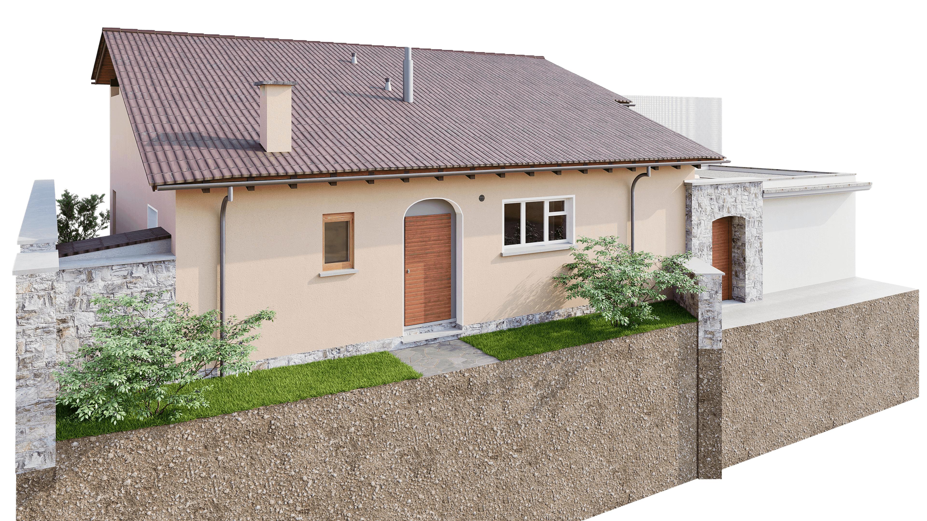 Einfamilienhaus in mediterranem Stil mit Ziegeldach und Garten, umgeben von einer Mauer.