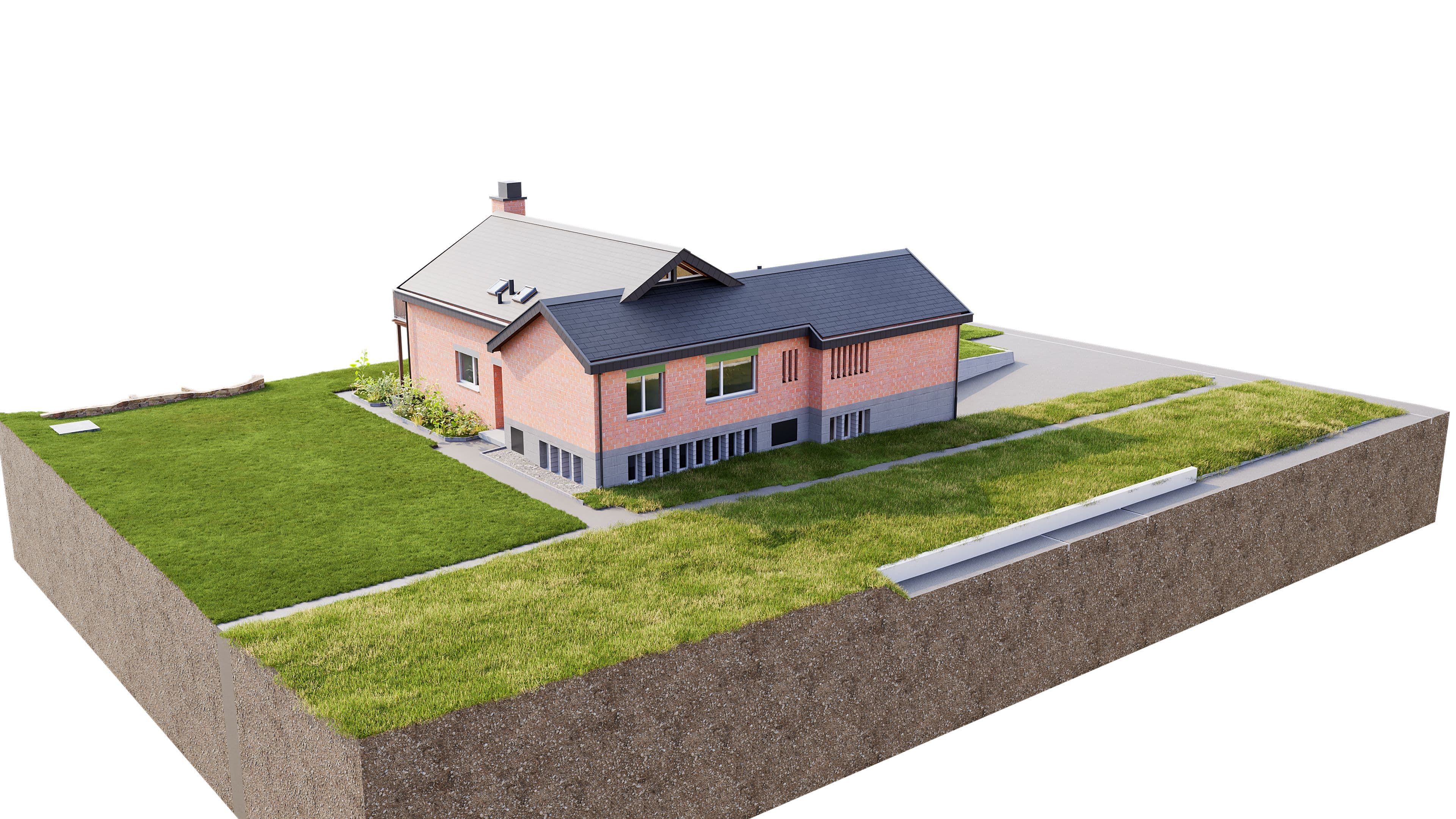 Energiesparendes Haus mit grünem Dach und Solarpaneelen, umgeben von gepflegtem Rasen, 3D-Querschnittsansicht.