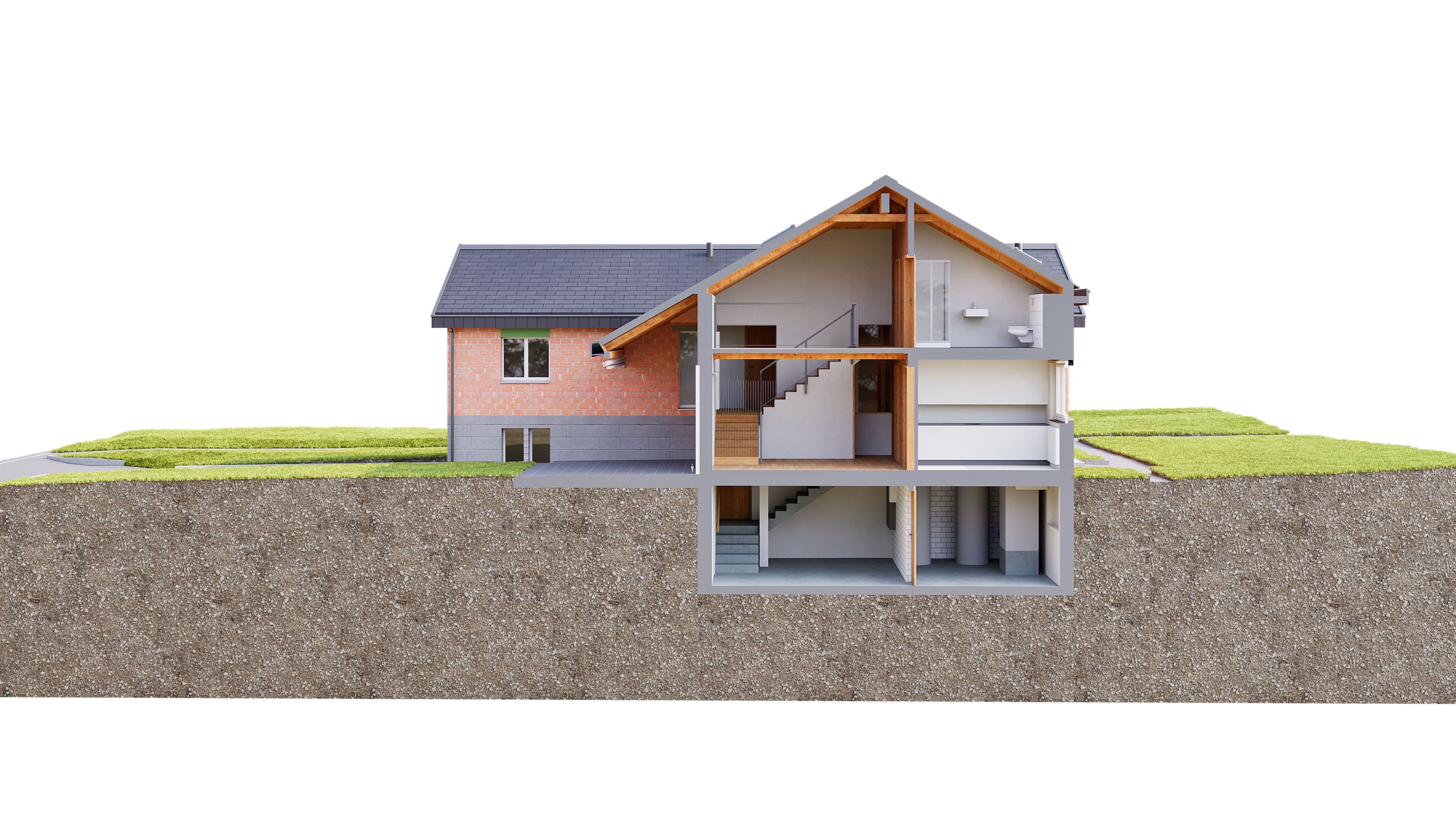 Einfamilienhaus mit Schnittansicht, die Innenräume und Keller zeigt.