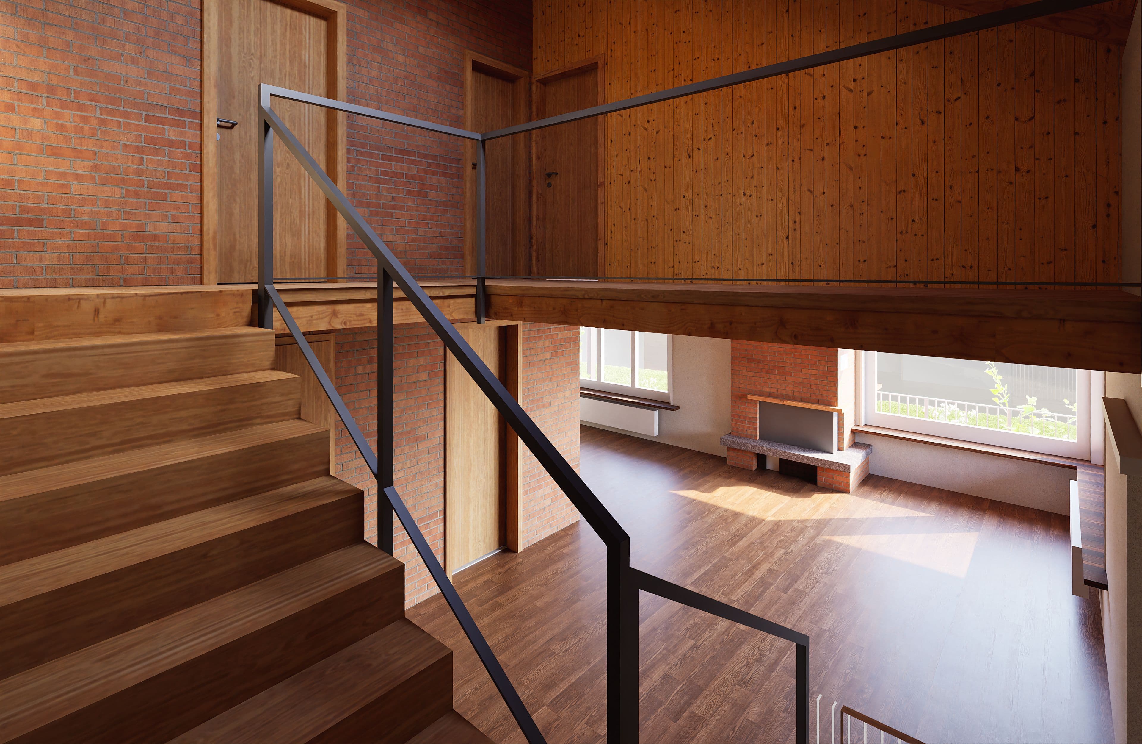 Ein modernes Interieur mit Holztreppe und Geländer, Backstein- und Holzwänden, sowie großen Fenstern, durch die Tageslicht fällt.