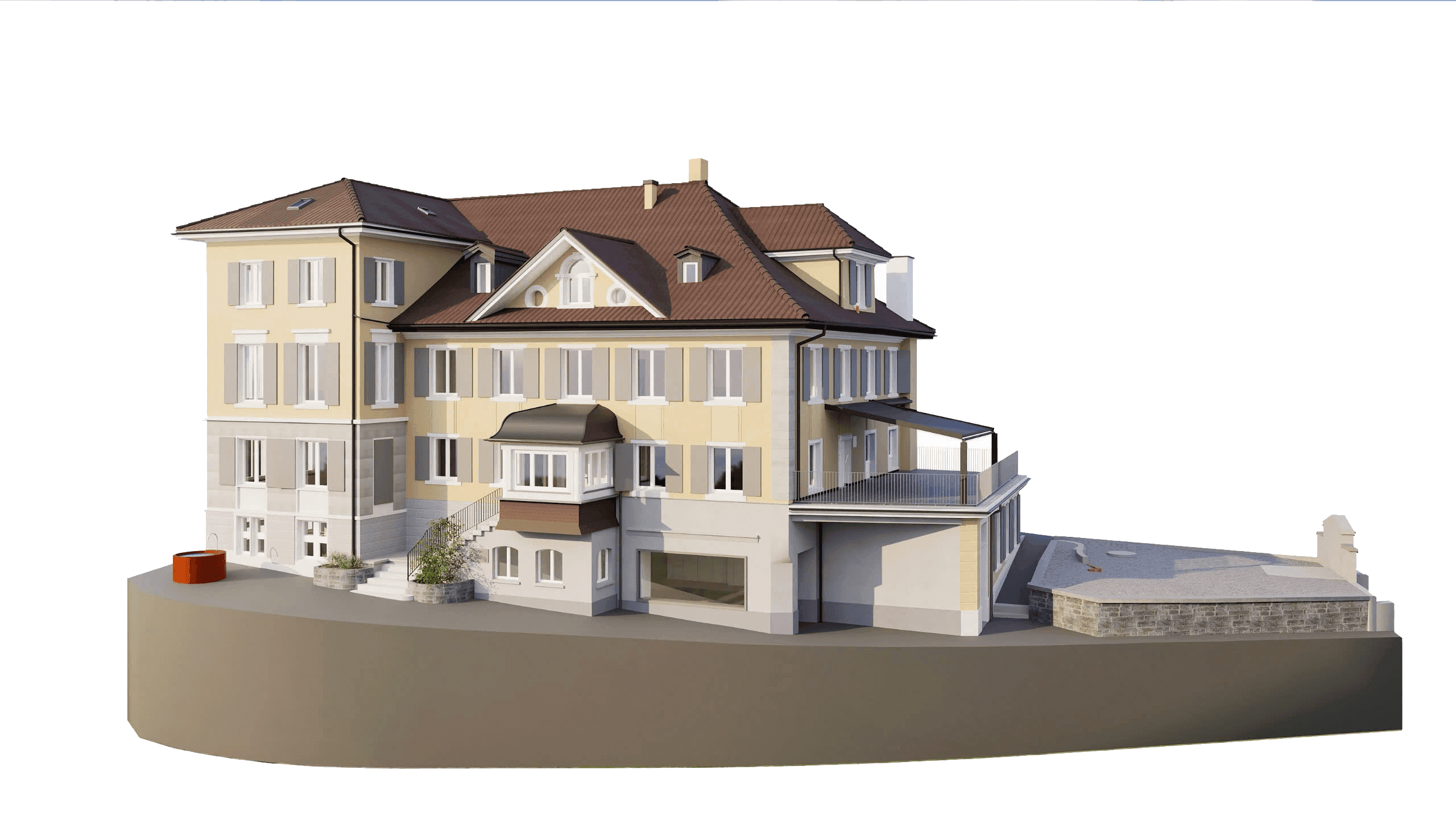 Mehrfamilienhaus mit gelber Fassade, roten Ziegeldächern und mehreren Fensterreihen. Moderne Architektur auf leicht erhöhter Plattform.