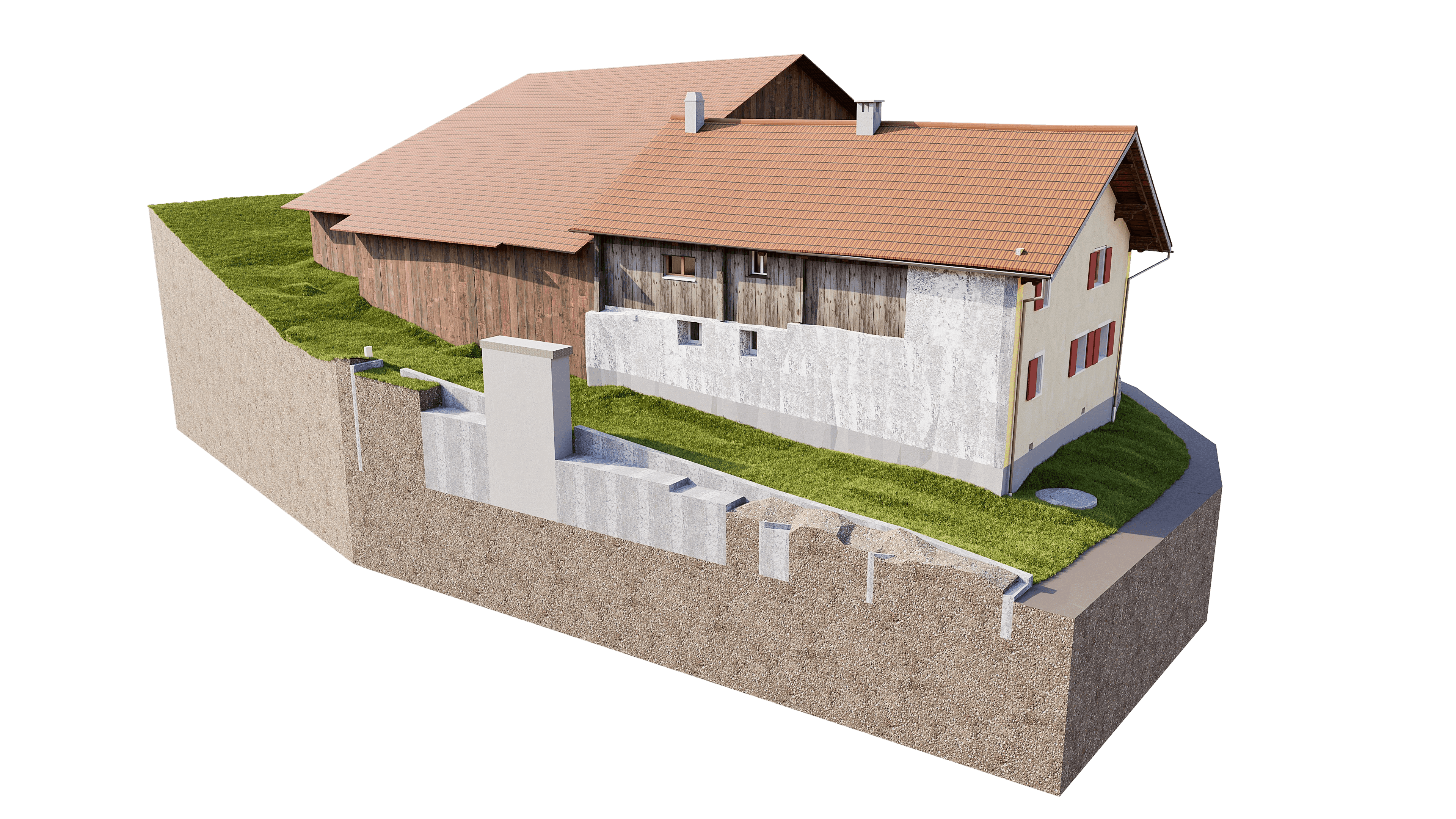 3D-Modell eines Bauernhauses mit rotem Ziegeldach auf Hanggrundstück, Schnittansicht mit Erdschichten, Gartenfläche, Stützmauer und Eingangstor; Architekturvisualisierung für Planung und Geländeprofil.
