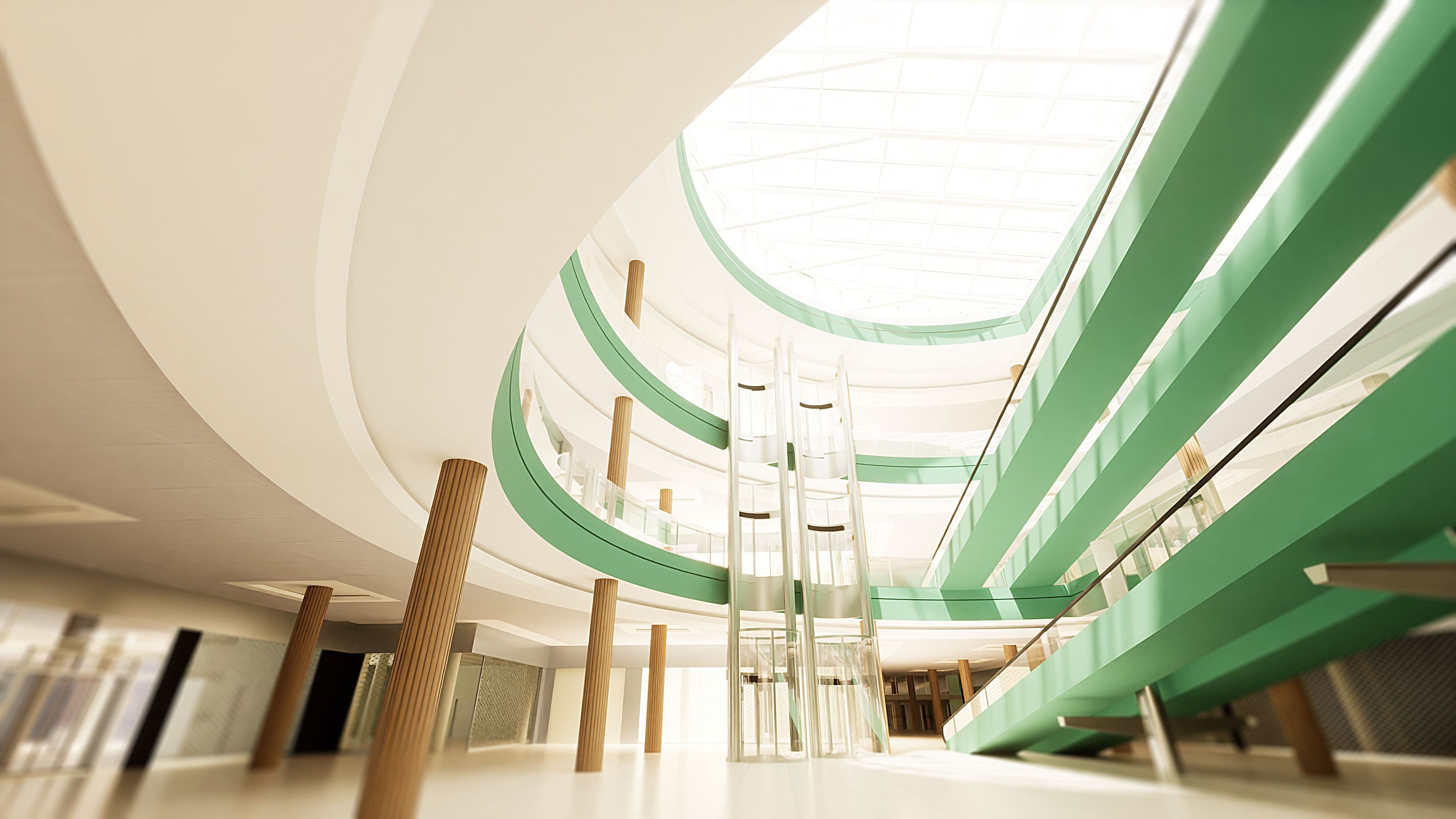 Modernes Innendesign eines Gebäudes mit eleganten, geschwungenen Linien und einer lichtdurchfluteten Atriumdecke.