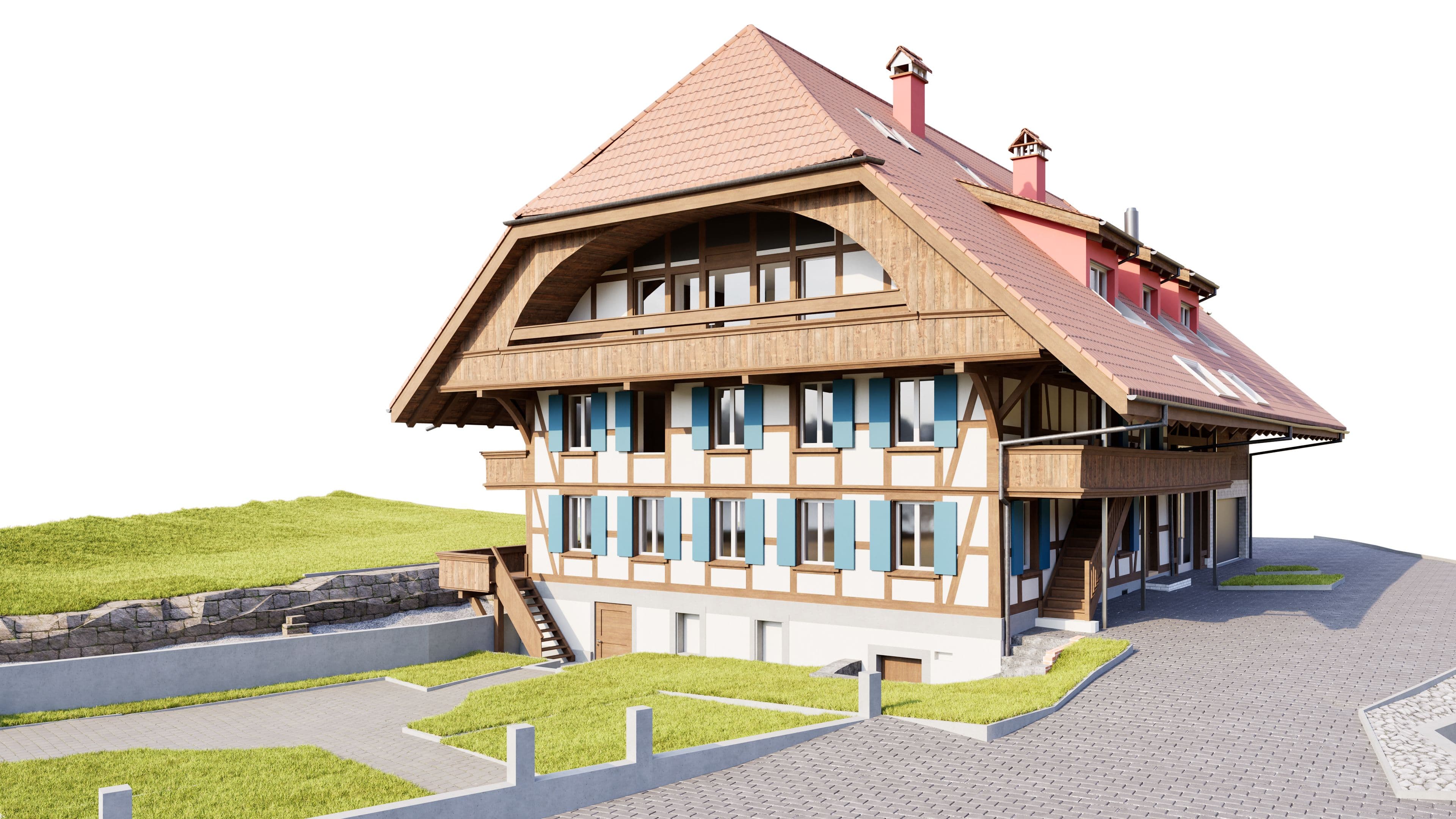 3D-Bestandesmodell eines historischen Bauernhauses mit Fachwerk und Natursteinsockel in der Schweiz, modelliert in Archicad auf Basis präziser Gebäudeaufnahme.