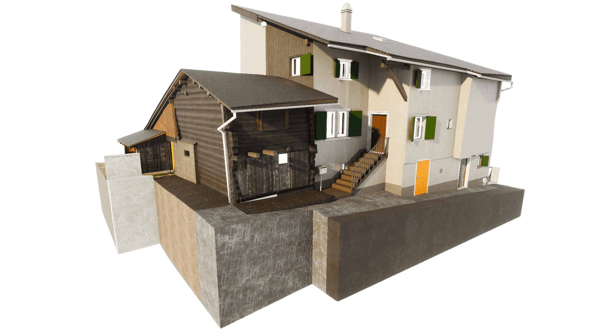 Ein modernes Haus mit einer Kombination aus Holz und Beton, farbigen Fensterläden und einer Seitentreppe.