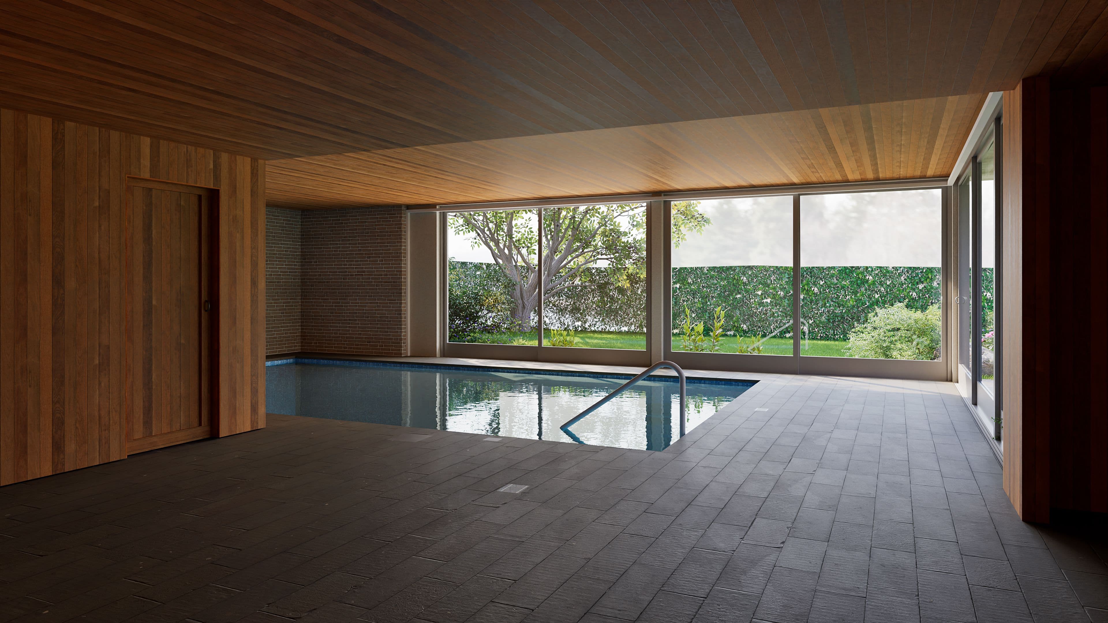 Ein eleganter Innenpool mit Holzwänden und großen Fensterfronten, die den Blick ins Grüne freigeben.