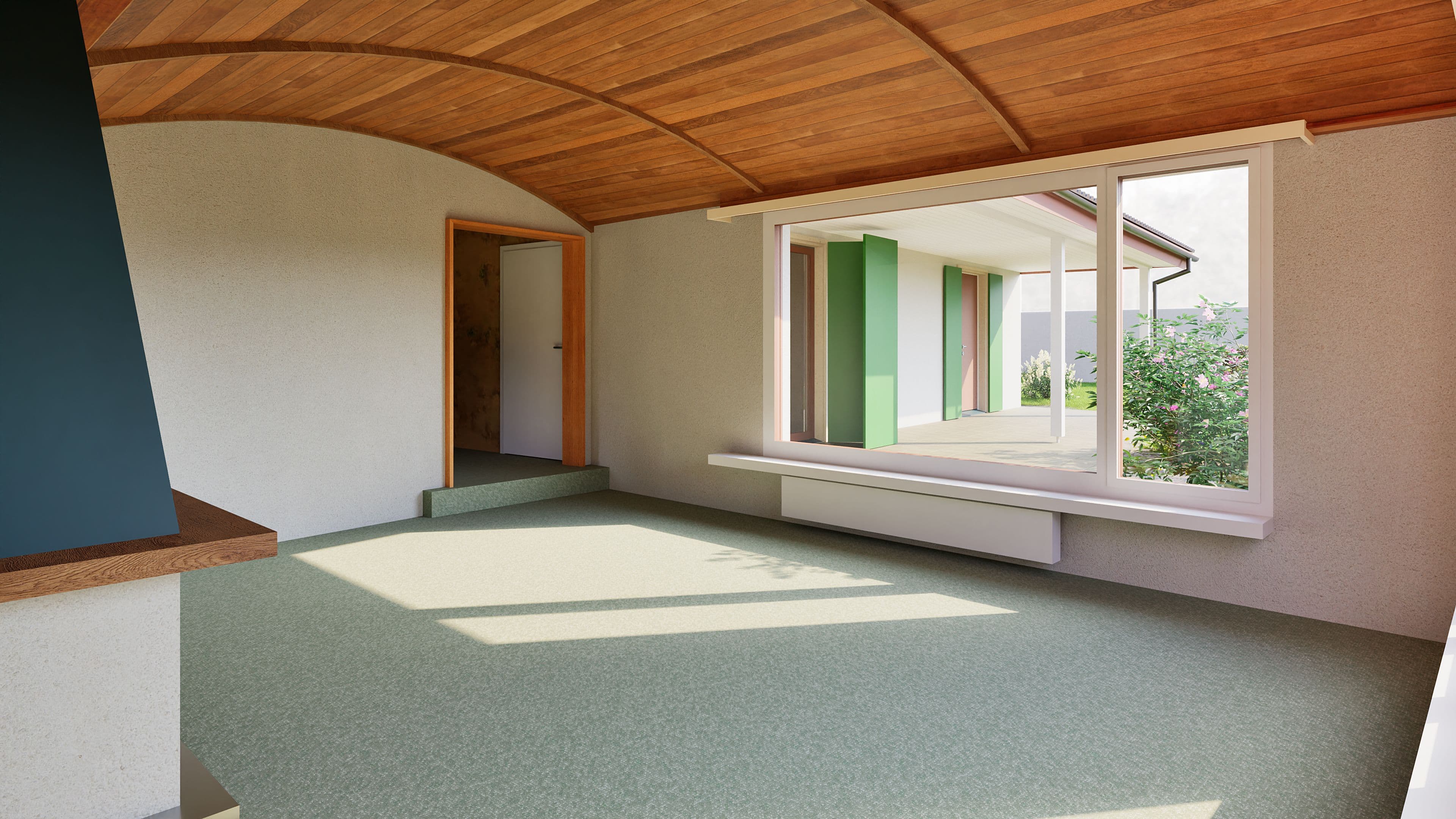 Ein leerer Raum mit grünem Teppich, Holzdecke und großem Fenster.