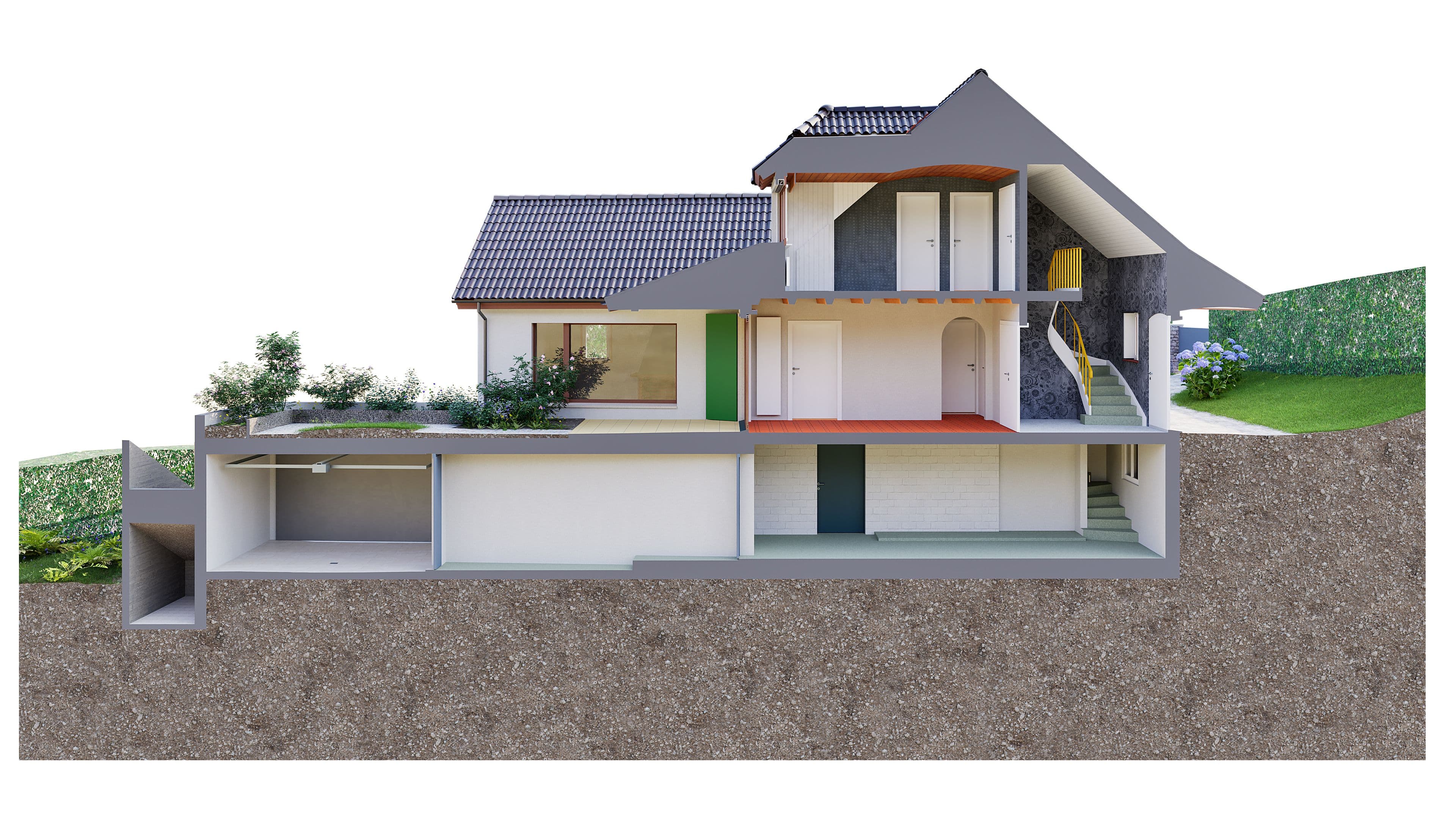 Zweistöckiges Einfamilienhaus, Schnittansicht, mit Keller und Garten.