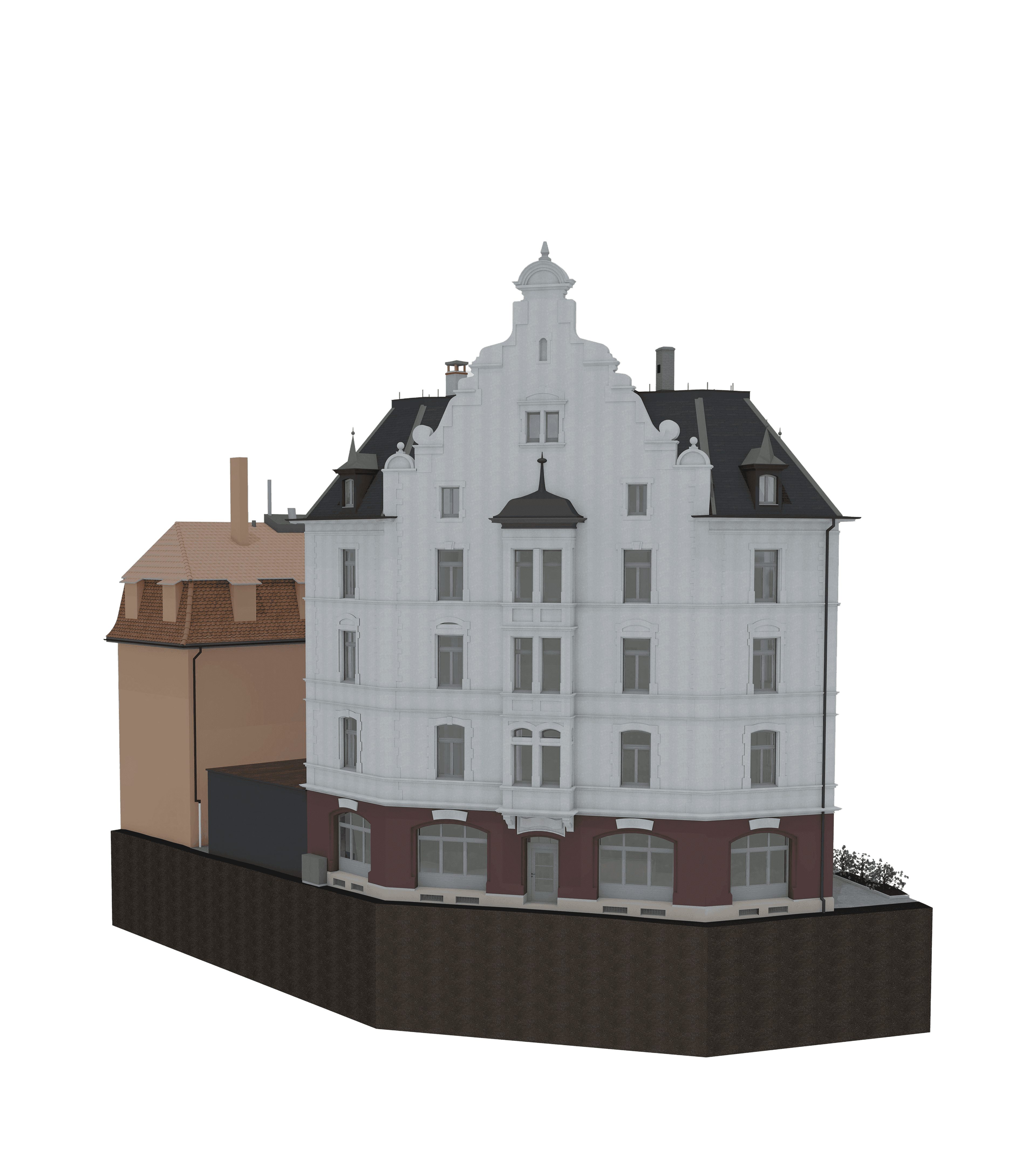 Ein klassisches fünfstöckiges Gebäude mit weißer Fassade und dunklem Dach, an ein kleineres braunes Haus grenzend.