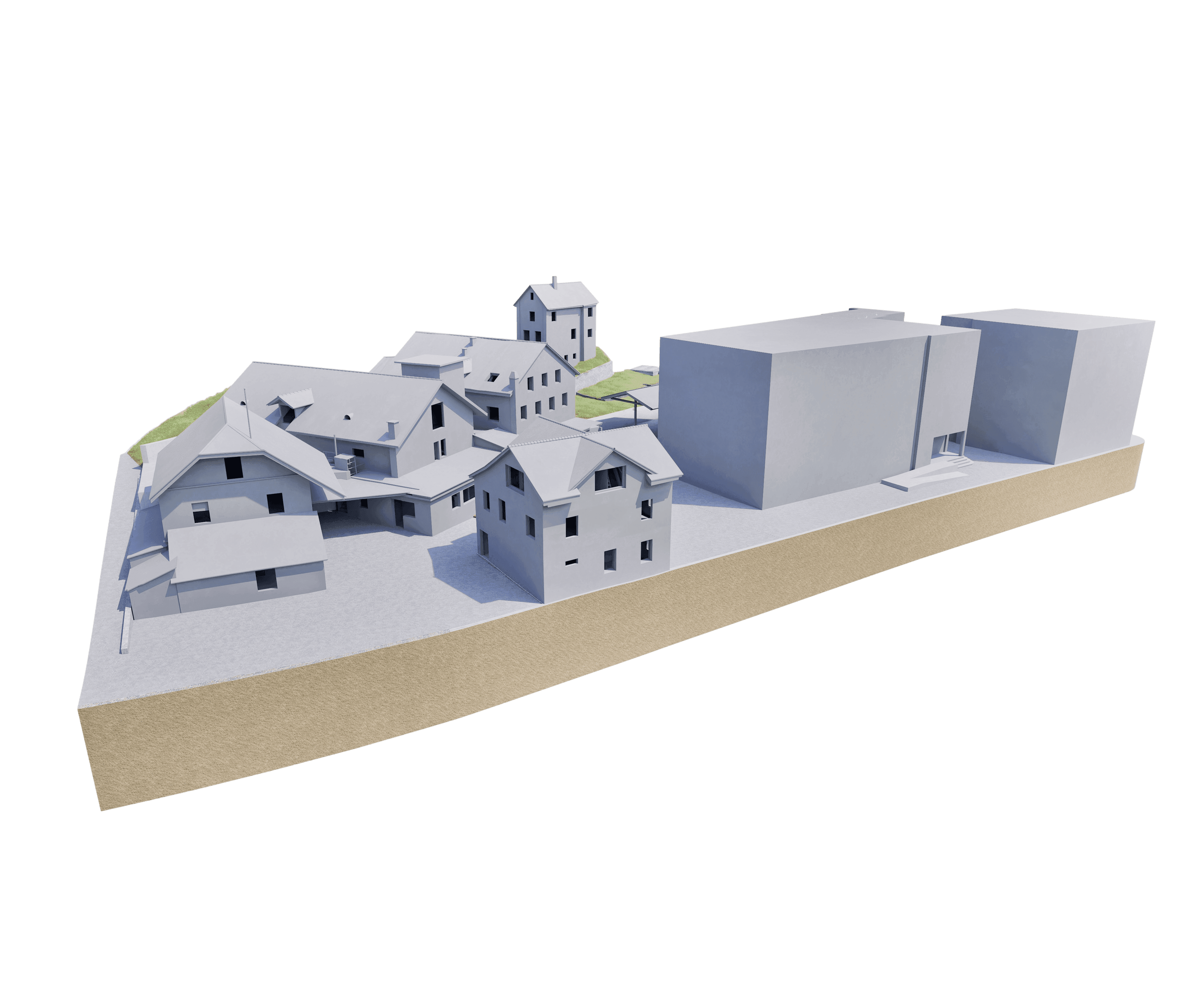 Eine 3D-Architektur-Visualisierung zeigt ein Stadtviertel mit Wohn- und Bürogebäuden auf einer geneigten Fläche.