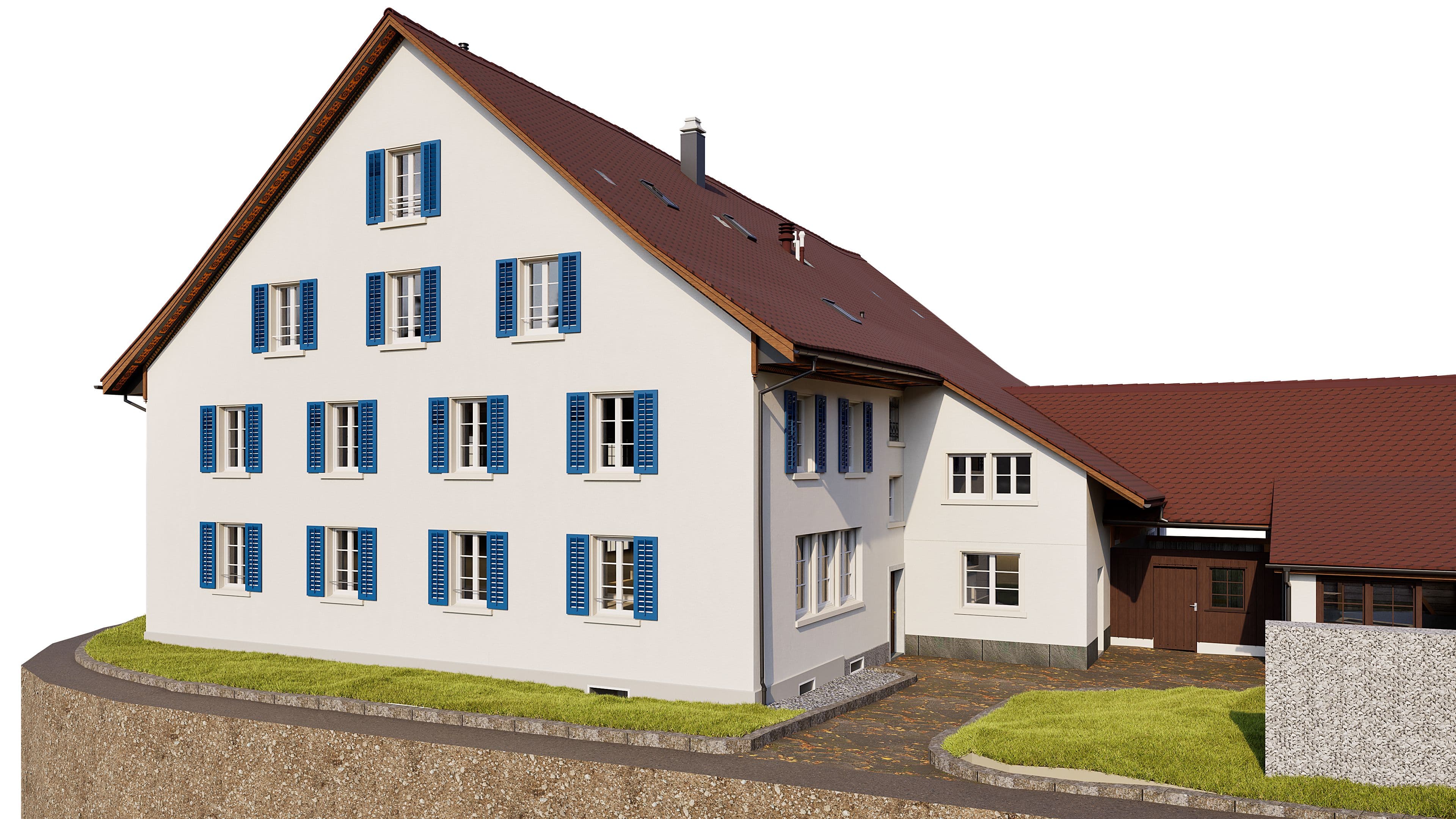 3D-Rendering eines weißen Mehrfamilienhauses mit blauem Fensterläden und rotem Satteldach, Hofeinfahrt und Anbau, auf schrägem Grundstück vor weißem Hintergrund.