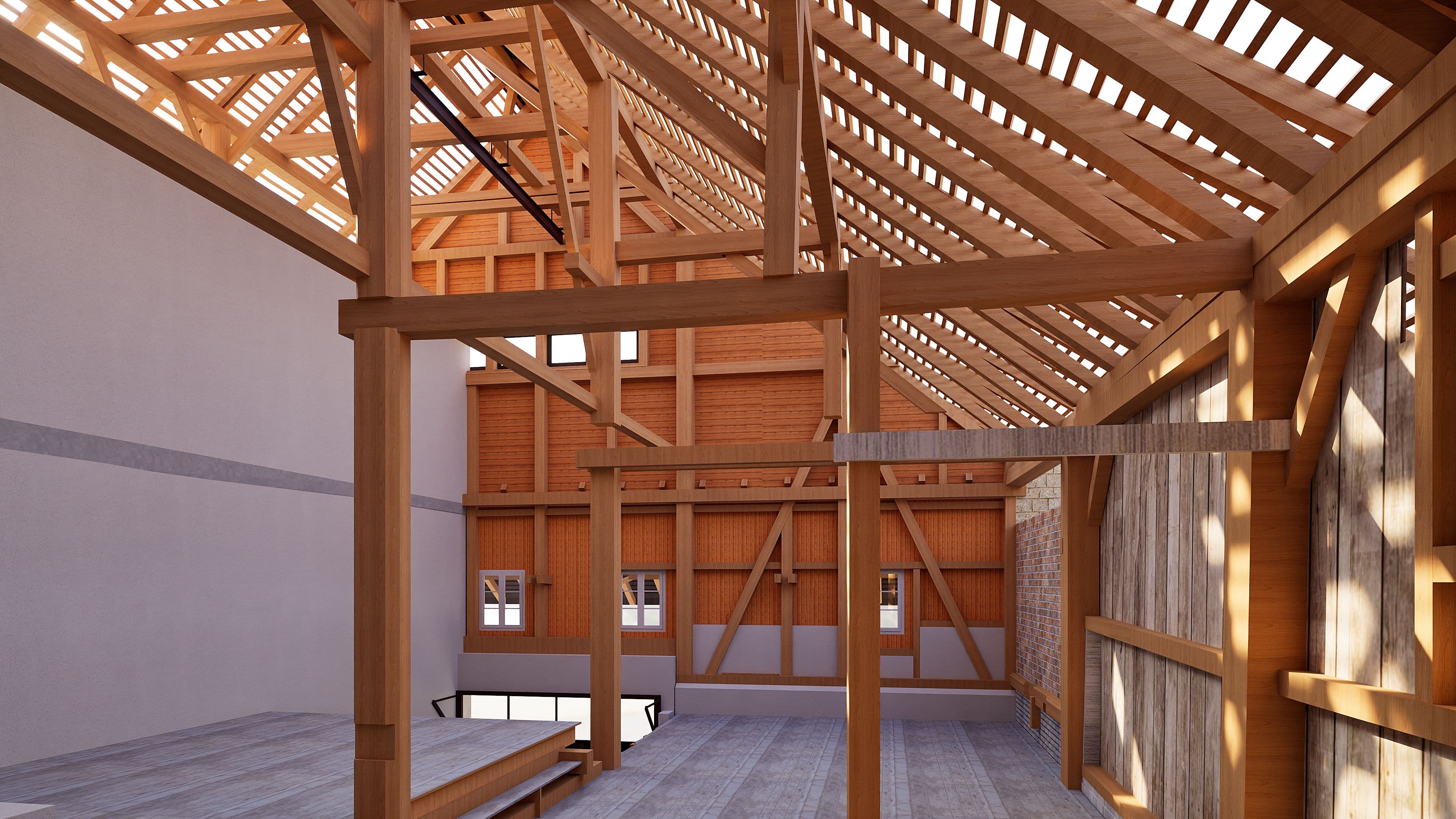 3D-Visualisierung einer Scheune im Innenraum mit sichtbarem Holzfachwerk, Dachstuhl und Sparren, Holzständern und Querbalken, Fensteröffnungen und Lichteinfall – Architektur-Rendering für Sanierung oder Neubau.
