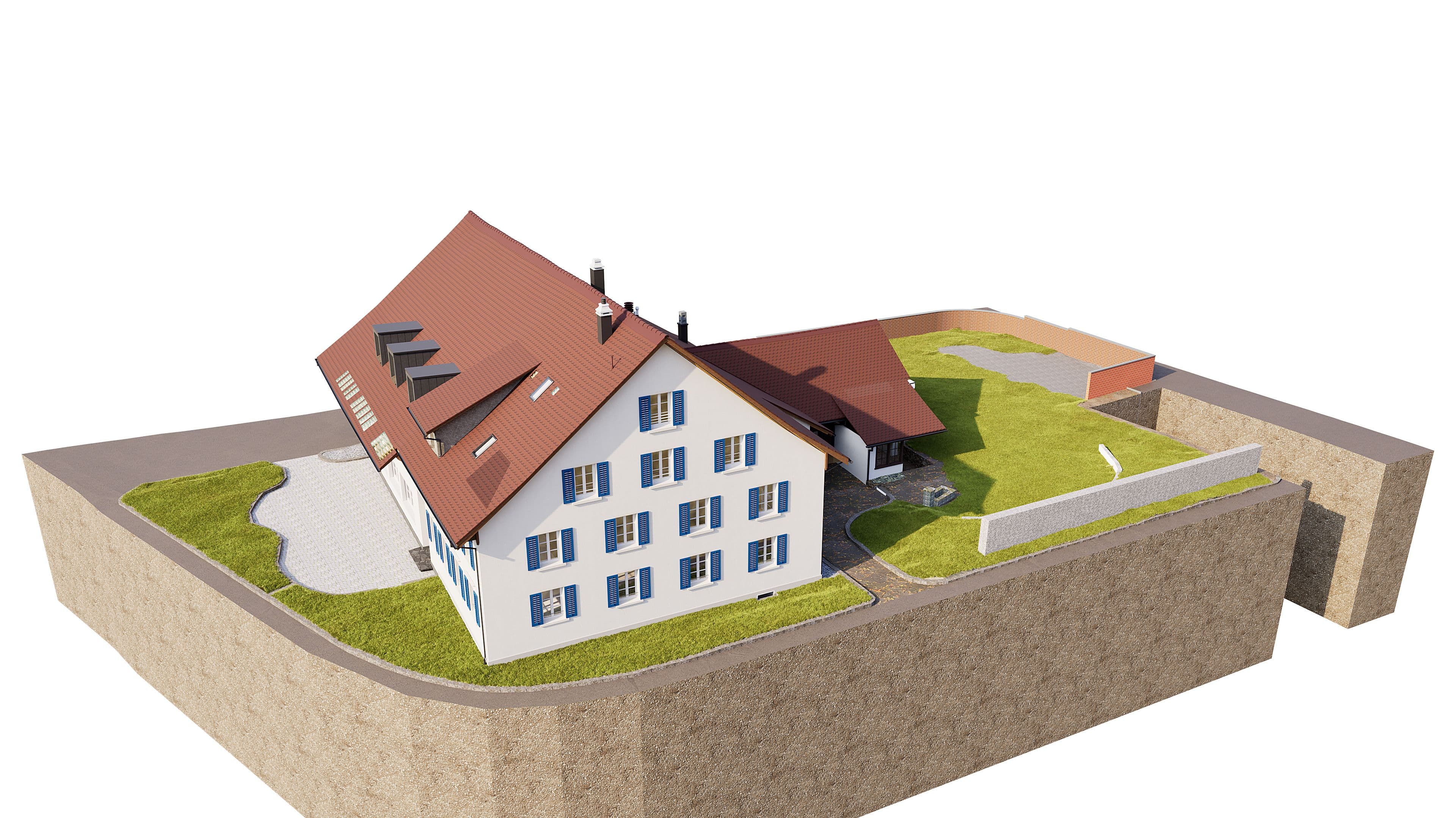 3D-Bestandsmodell eines Wohnhauses mit Stall aus präziser Gebäudevermessung mittels 3D-Laserscanning als Grundlage für Planung im Bestand durch VDE