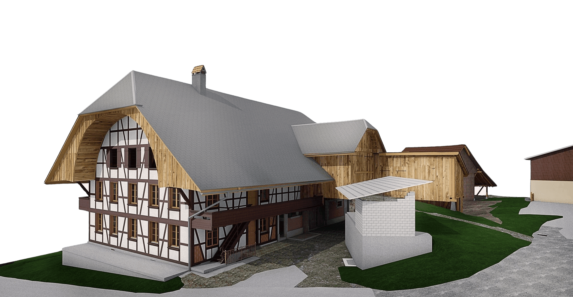 Dreidimensionale Darstellung eines traditionellen Gebäudes mit modernem Anbau, grauem Dach und Holzdetails.