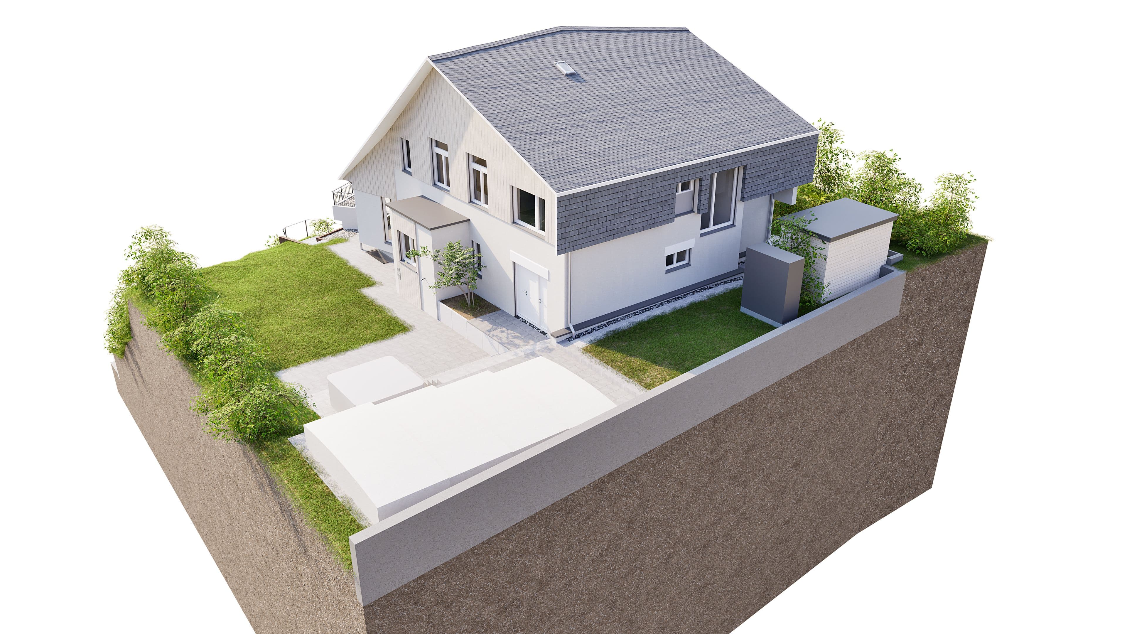 Ein modernes Einfamilienhaus mit Garten auf einem erhöhten Grundstück.