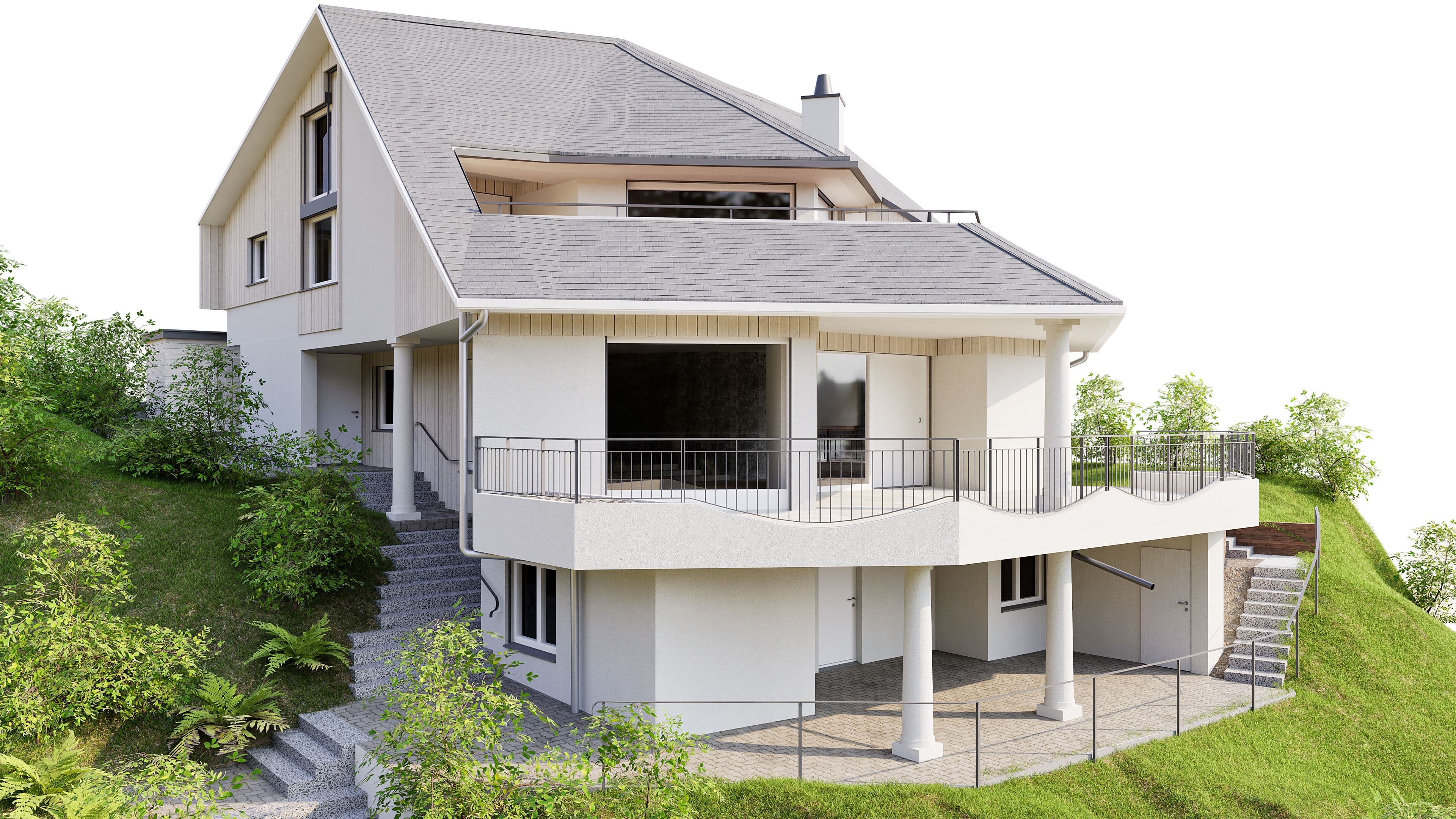 Ein modernes zweistöckiges Haus mit großen Fenstern und Balkon, umgeben von grüner Landschaft.
