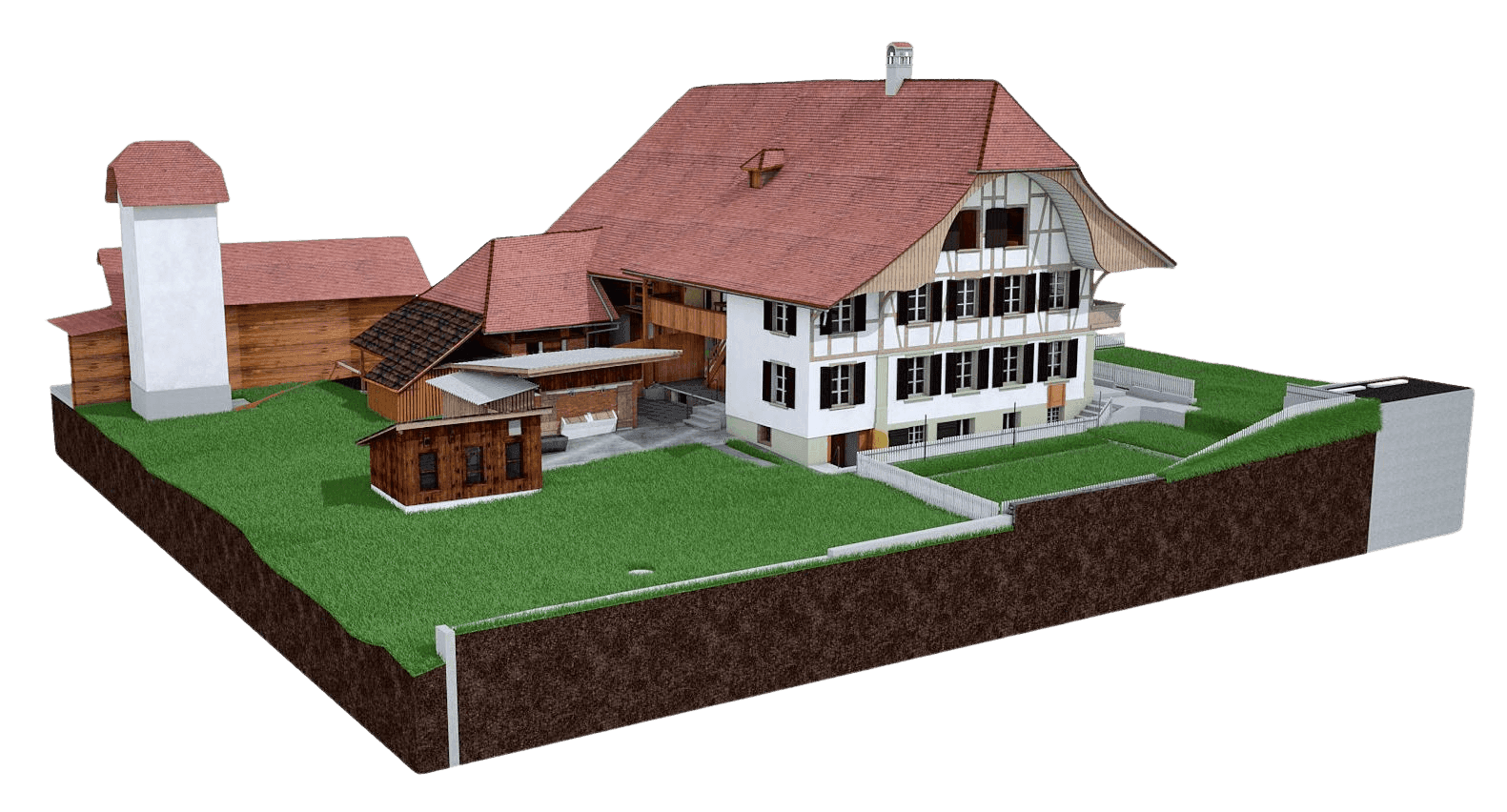 Ein traditionelles Fachwerkhaus mit rotem Dach, Garten und Solarpanel, umgeben von Grünfläche.