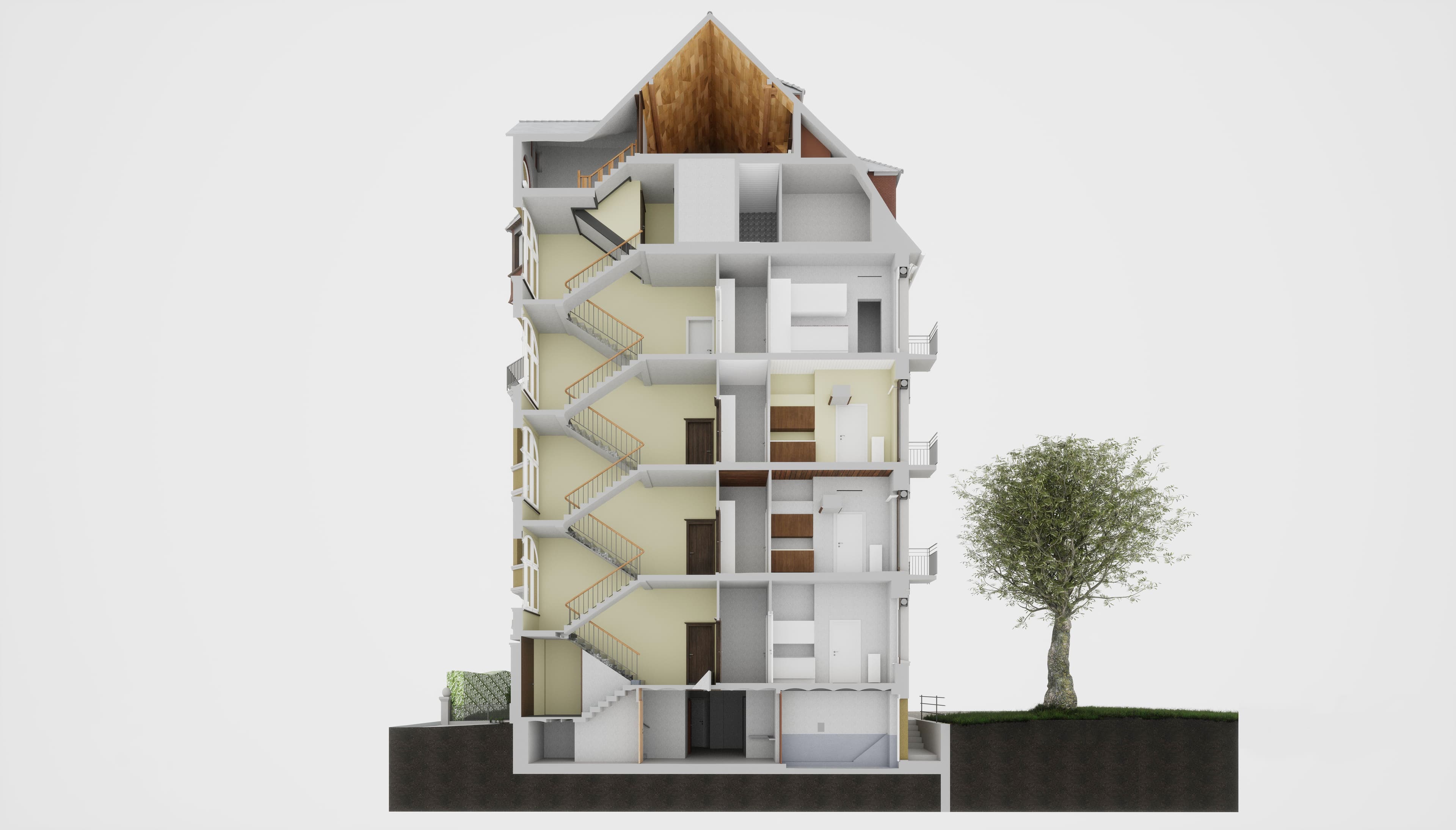 Architektur-Schnitt eines mehrstöckigen Wohngebäudes mit Innenräumen, Treppenhaus und Dachraum, 3D-Rendering/Visualisierung; seitlich ein Baum auf dem Grundstück.