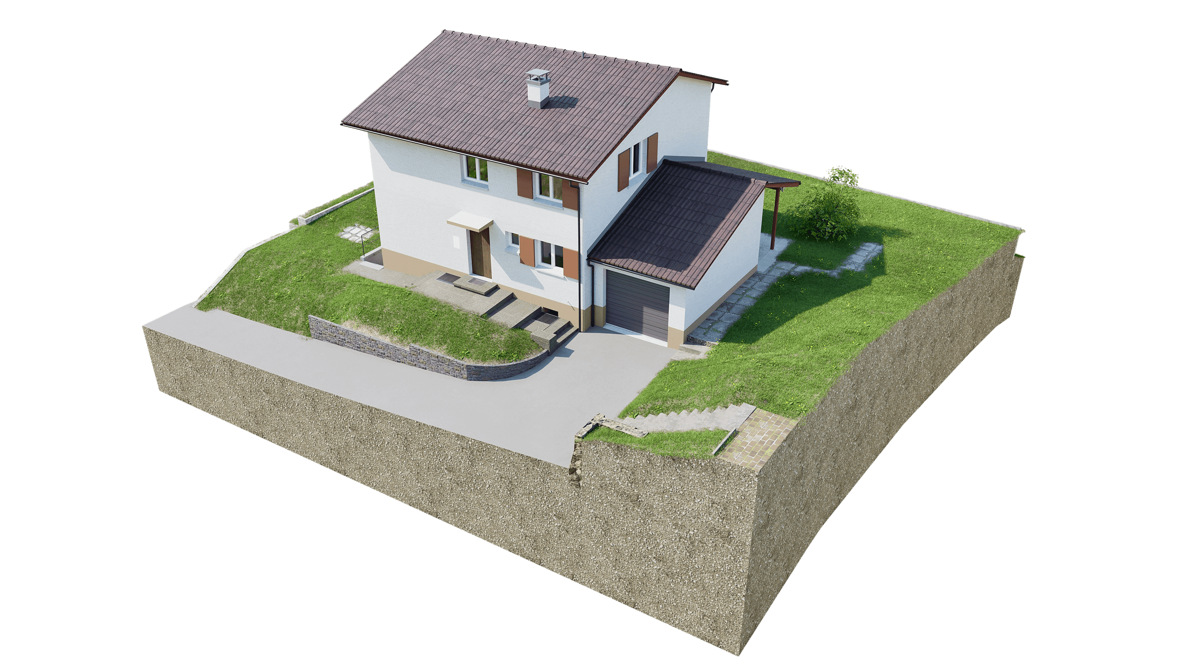 Ein modernes Einfamilienhaus mit Garten, Garage und gepflasterter Auffahrt, eingebettet in eine landschaftlich gestaltete Umgebung.