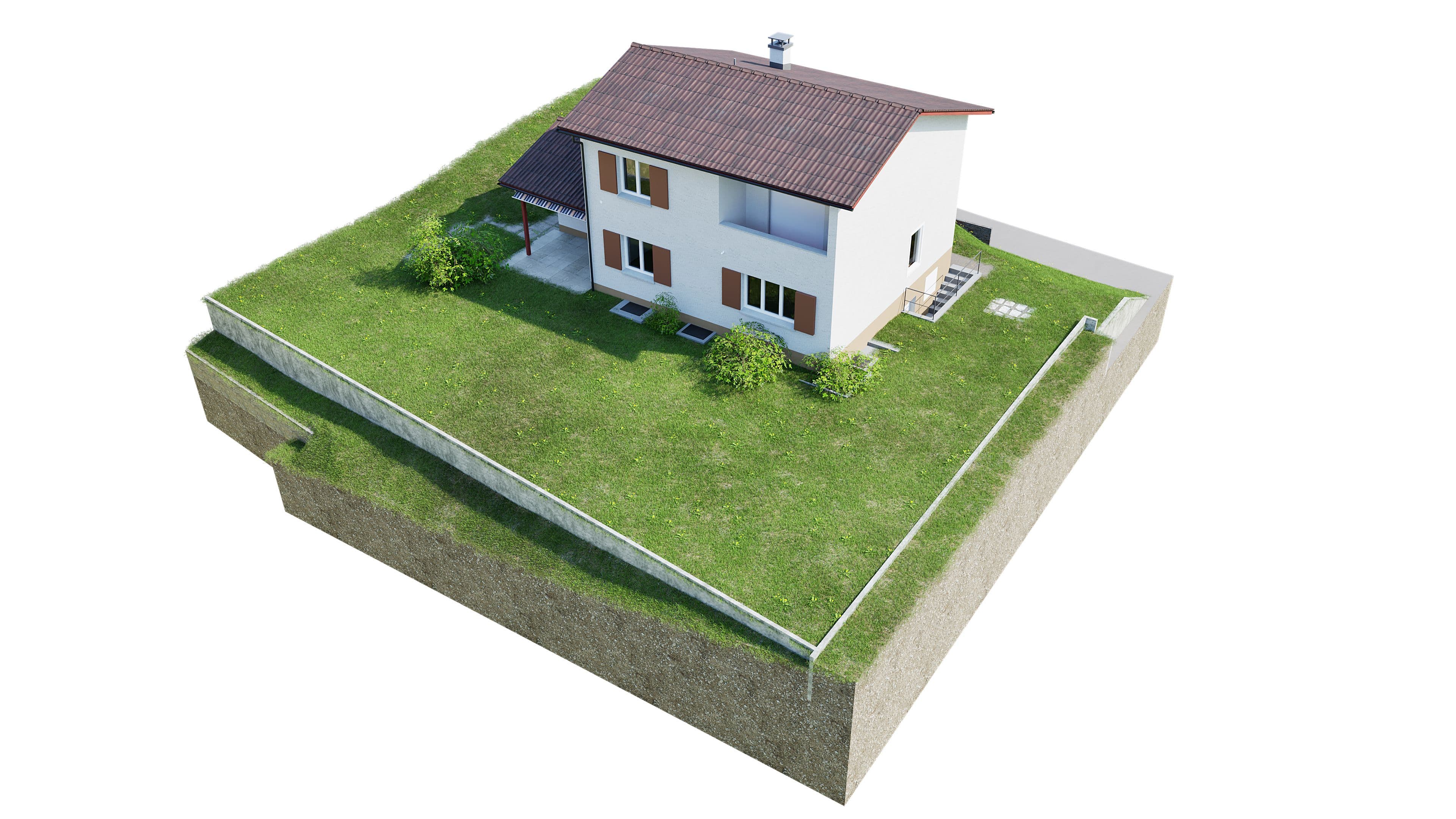 Einfamilienhaus auf grünem Hügel, isoliert vor weißem Hintergrund.