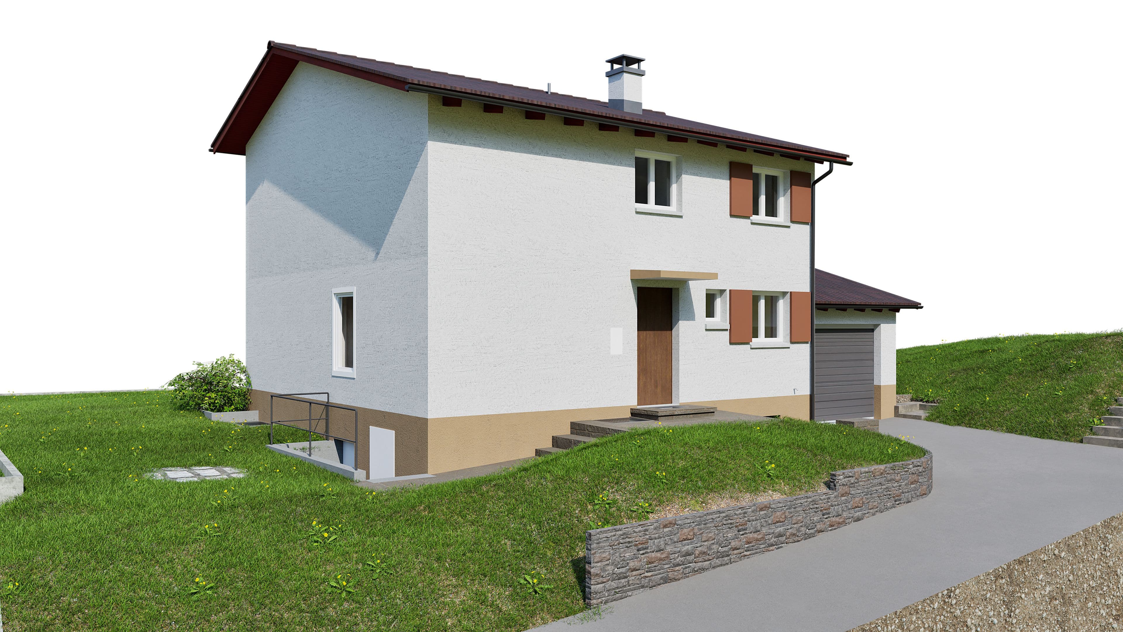 Zweistöckiges, weißes Einfamilienhaus mit rotem Dach, umgeben von Garten und gepflastertem Weg.