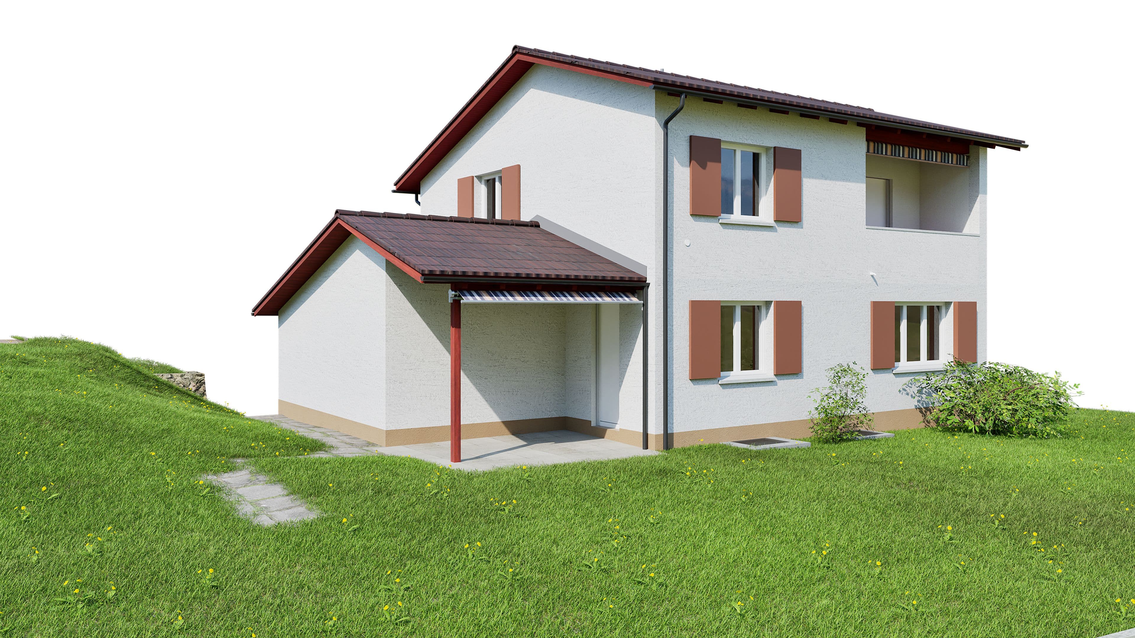 Modernes zweistöckiges Haus mit Satteldach, umgeben von grünem Rasen.