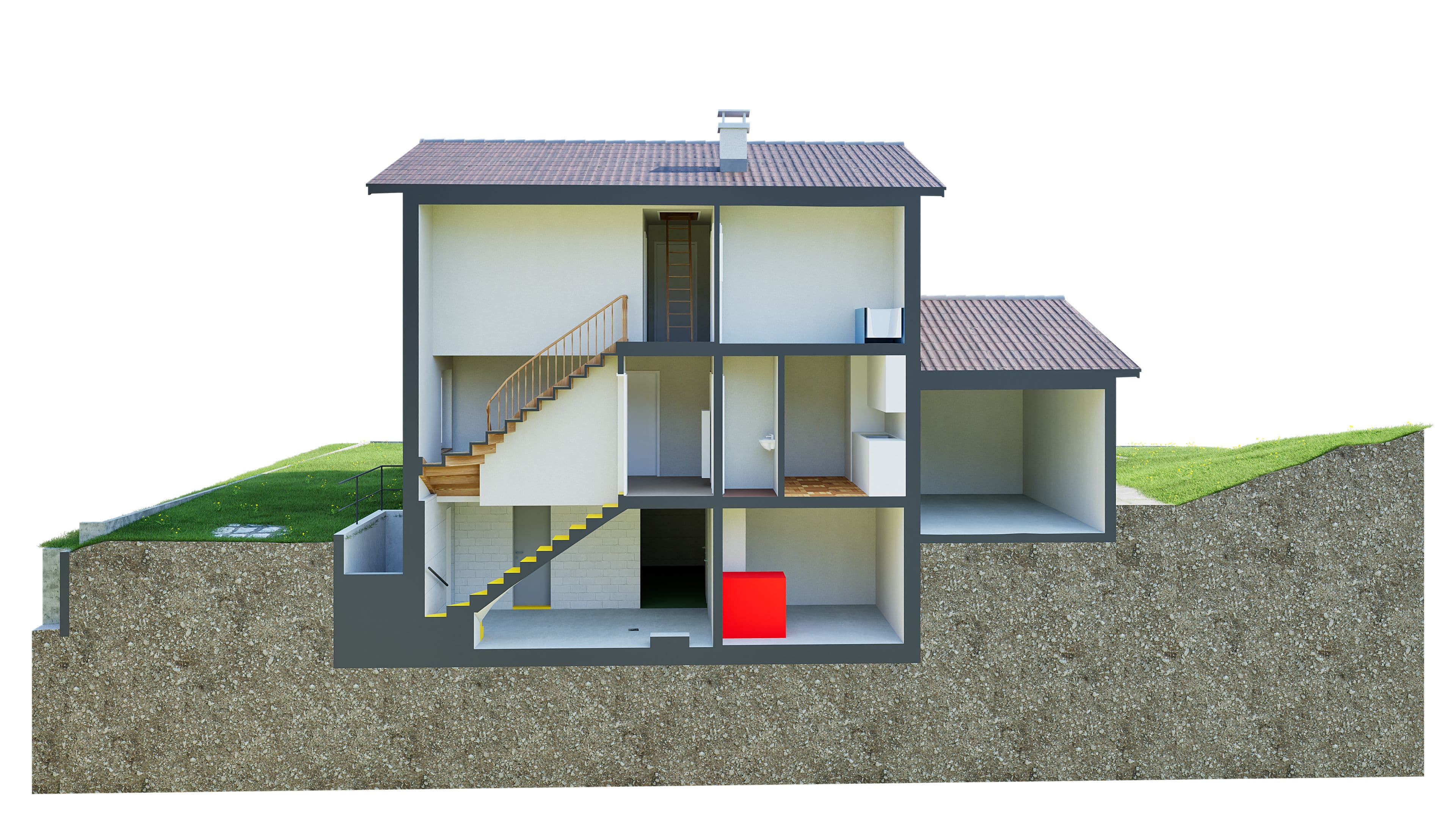 Ein modernes Einfamilienhaus im Querschnitt auf einem Hanggrundstück, zeigt mehrere Etagen mit Treppen, einem roten Kubus im Keller und grüner Umgebung.