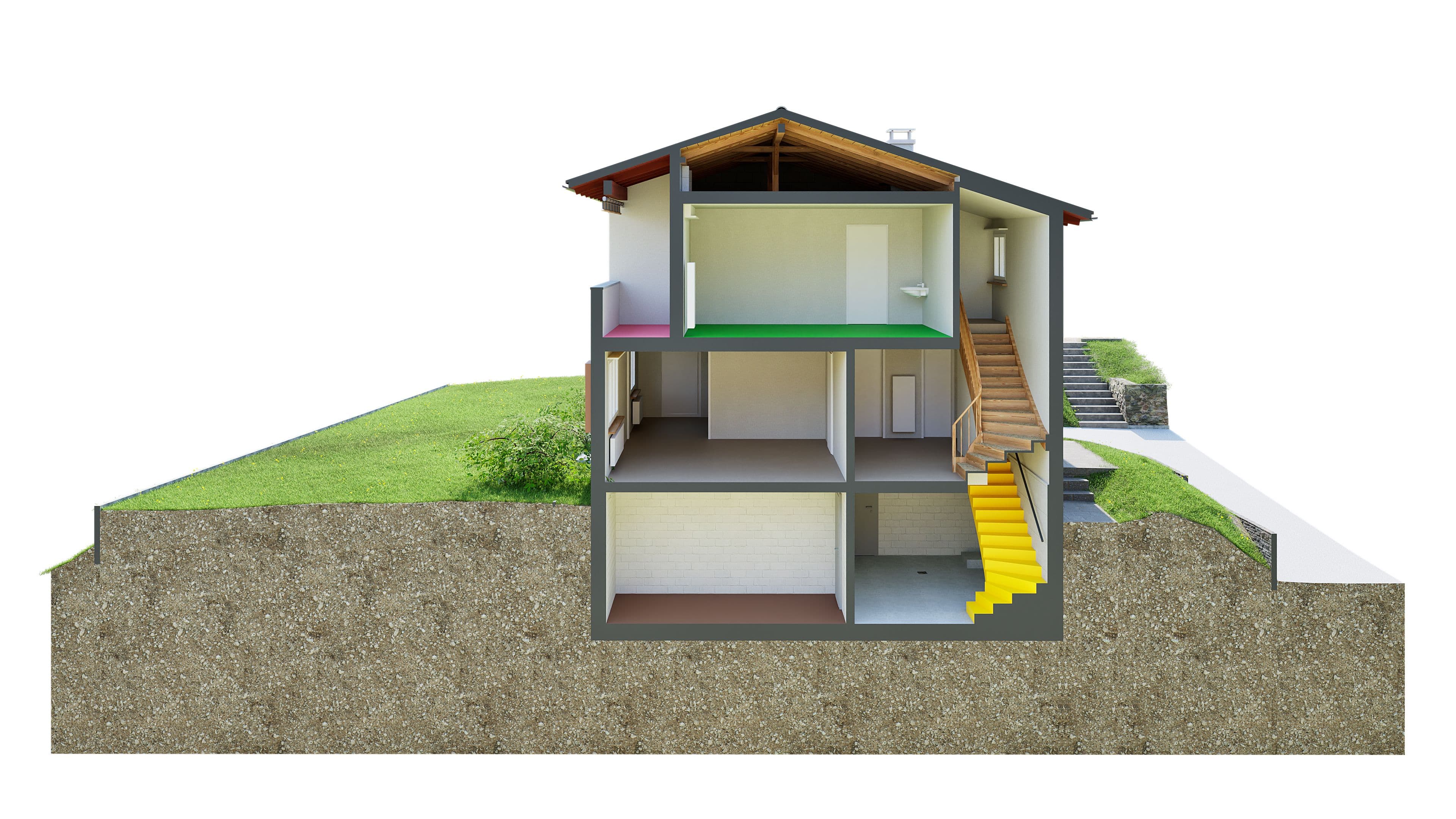 Querschnitt eines Hauses mit drei Etagen, Treppe und anliegendem Gelände.