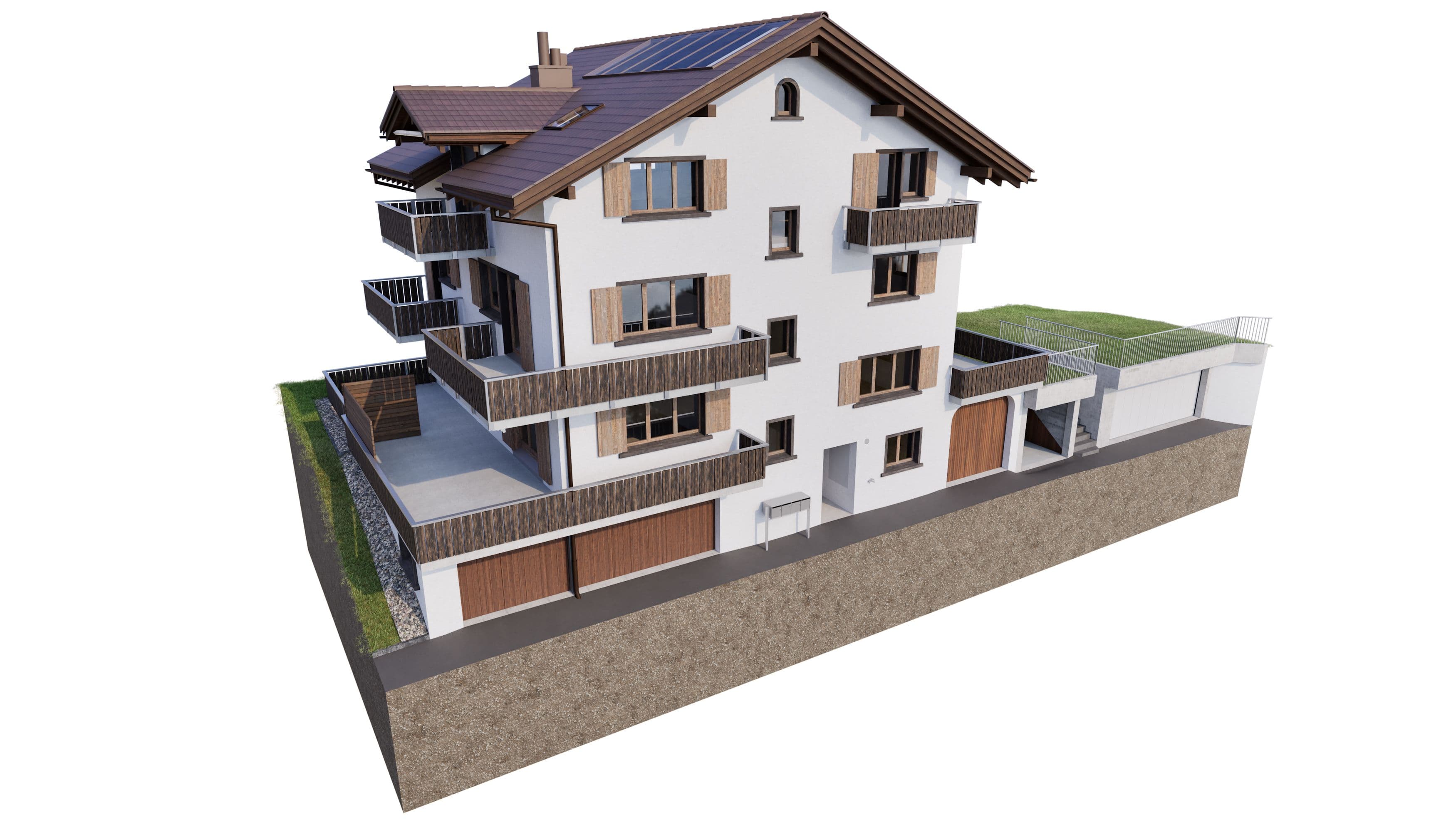 Mehrfamilienhaus mit Balkonen, Garagen und Solarpanelen auf dem Dach, umgeben von Grünflächen.