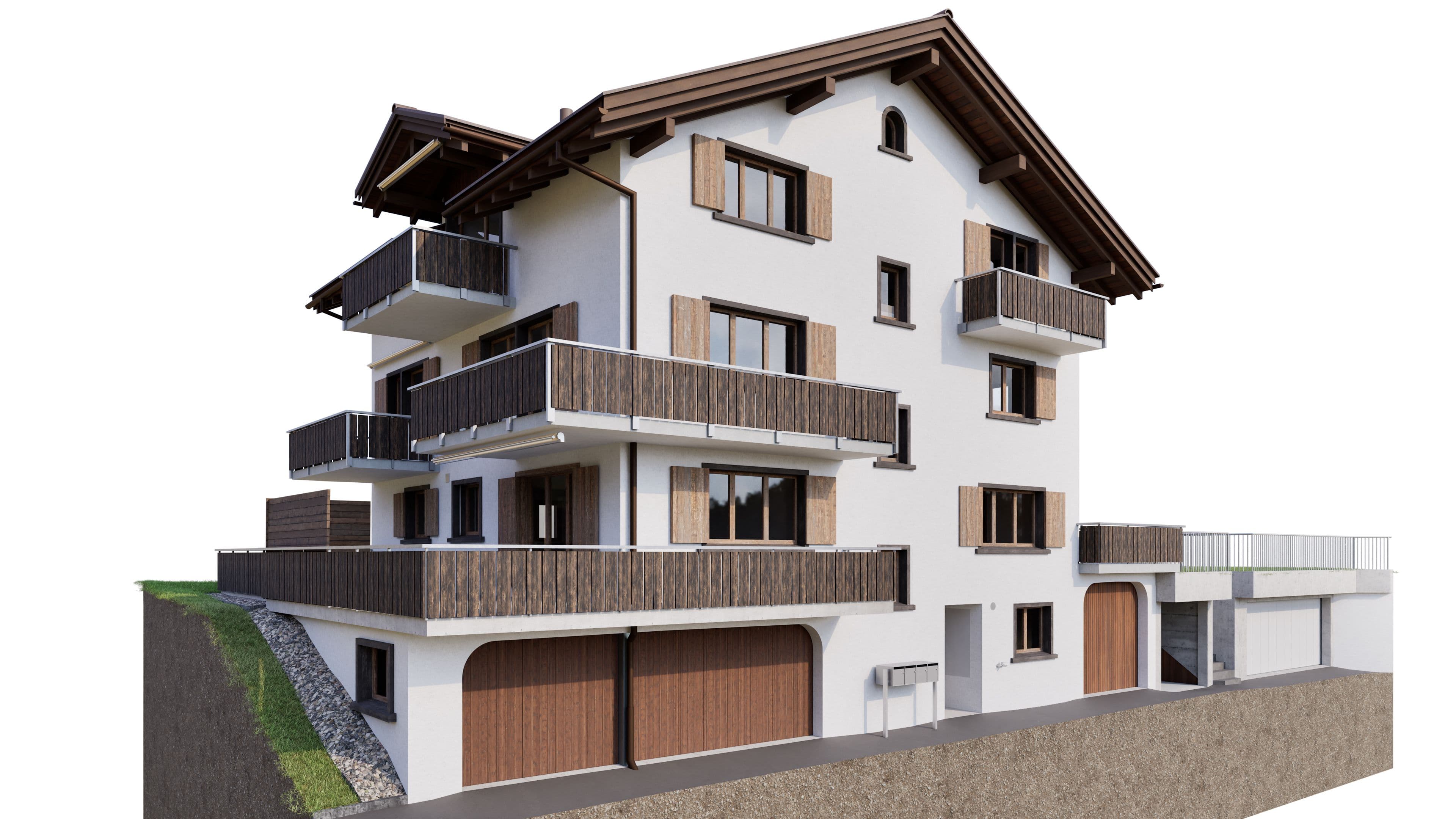 Ein modernes Mehrfamilienhaus mit Holzdetails, mehreren Balkonen und natürlicher Hanglage.