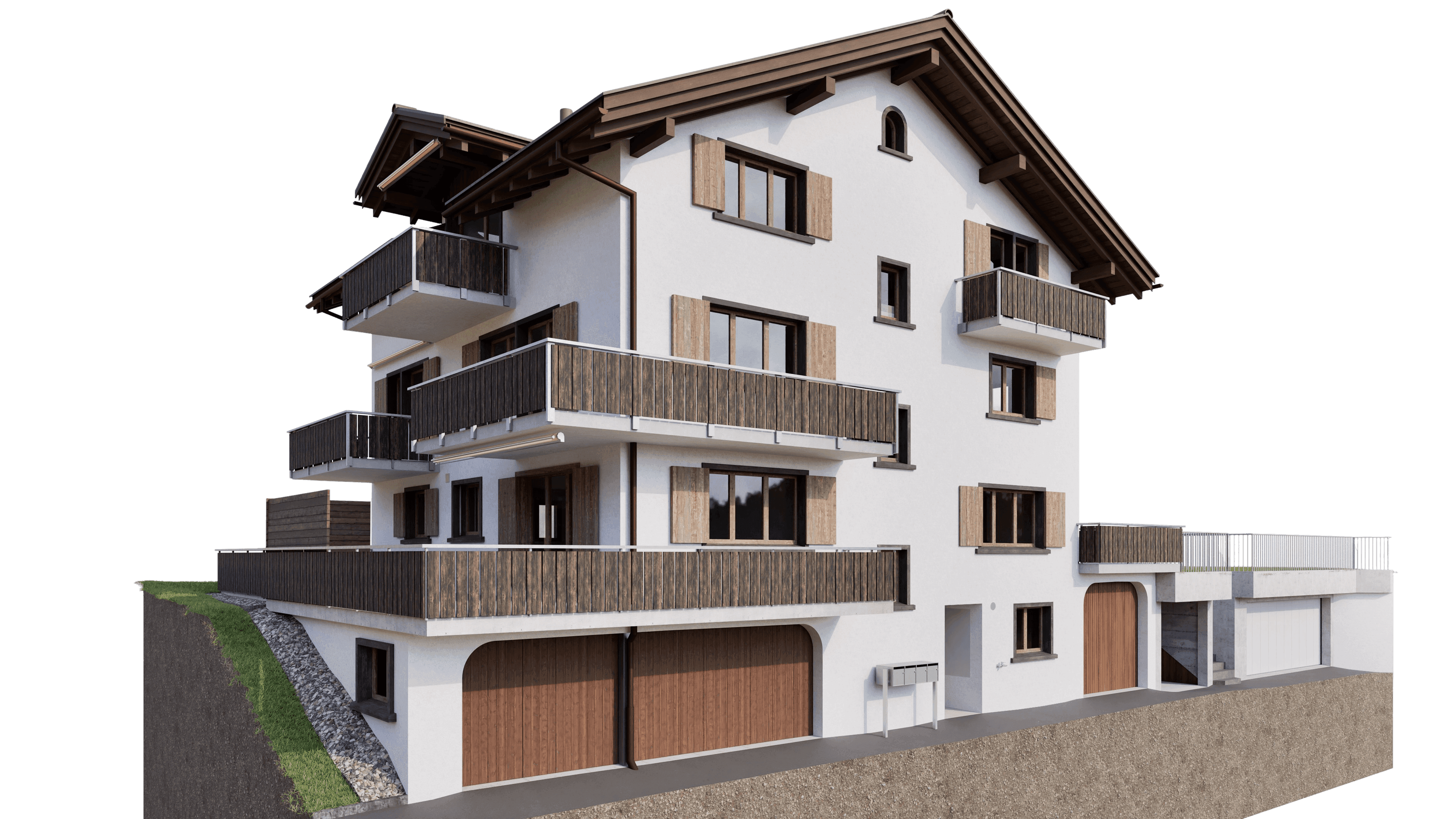 Mehrstöckiges Haus mit Balkonen und Schrägdach.