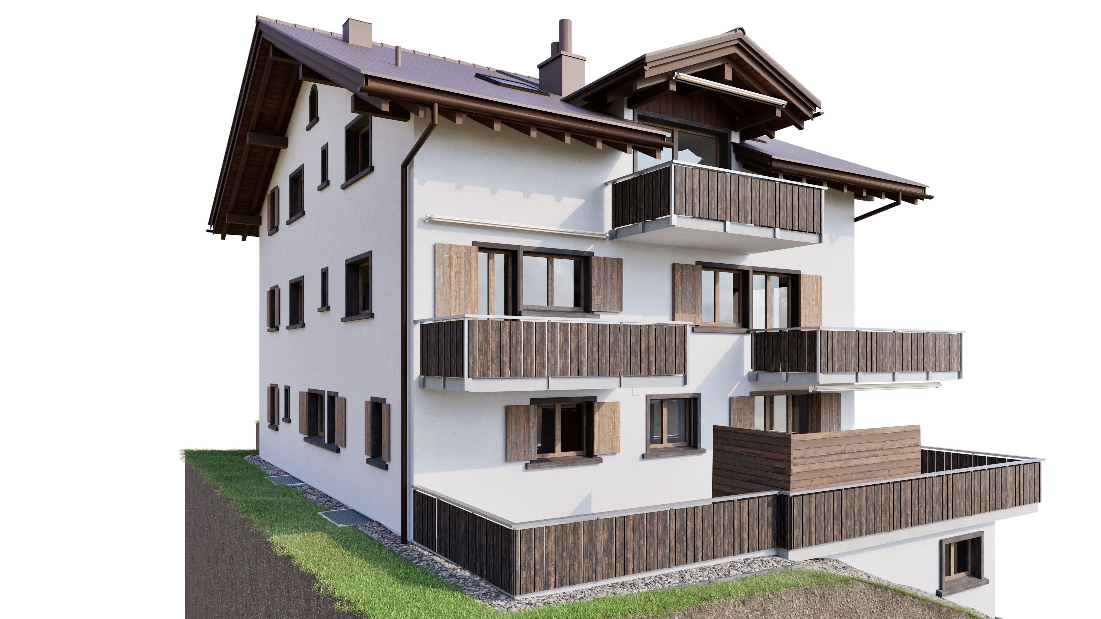 Hier haben wir ein mehrstöckiges Gebäude mit Holzverkleidung und Balkonen, das modern und traditionell kombiniert.