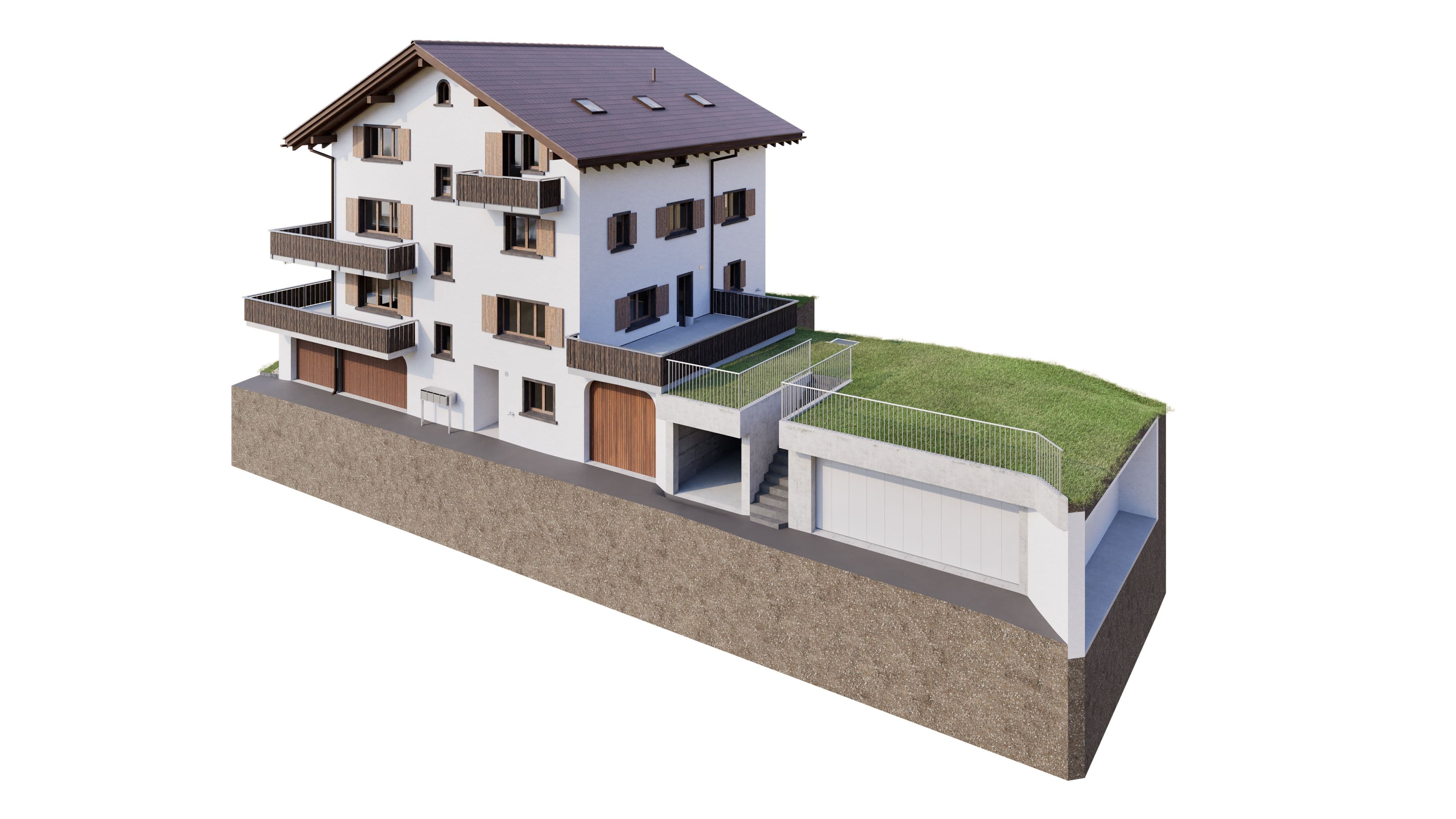 Wohnhaus mit mehreren Etagen, Balkonen, Dachfenstern und Untergeschoss-Garage, umgeben von Rasenfläche.