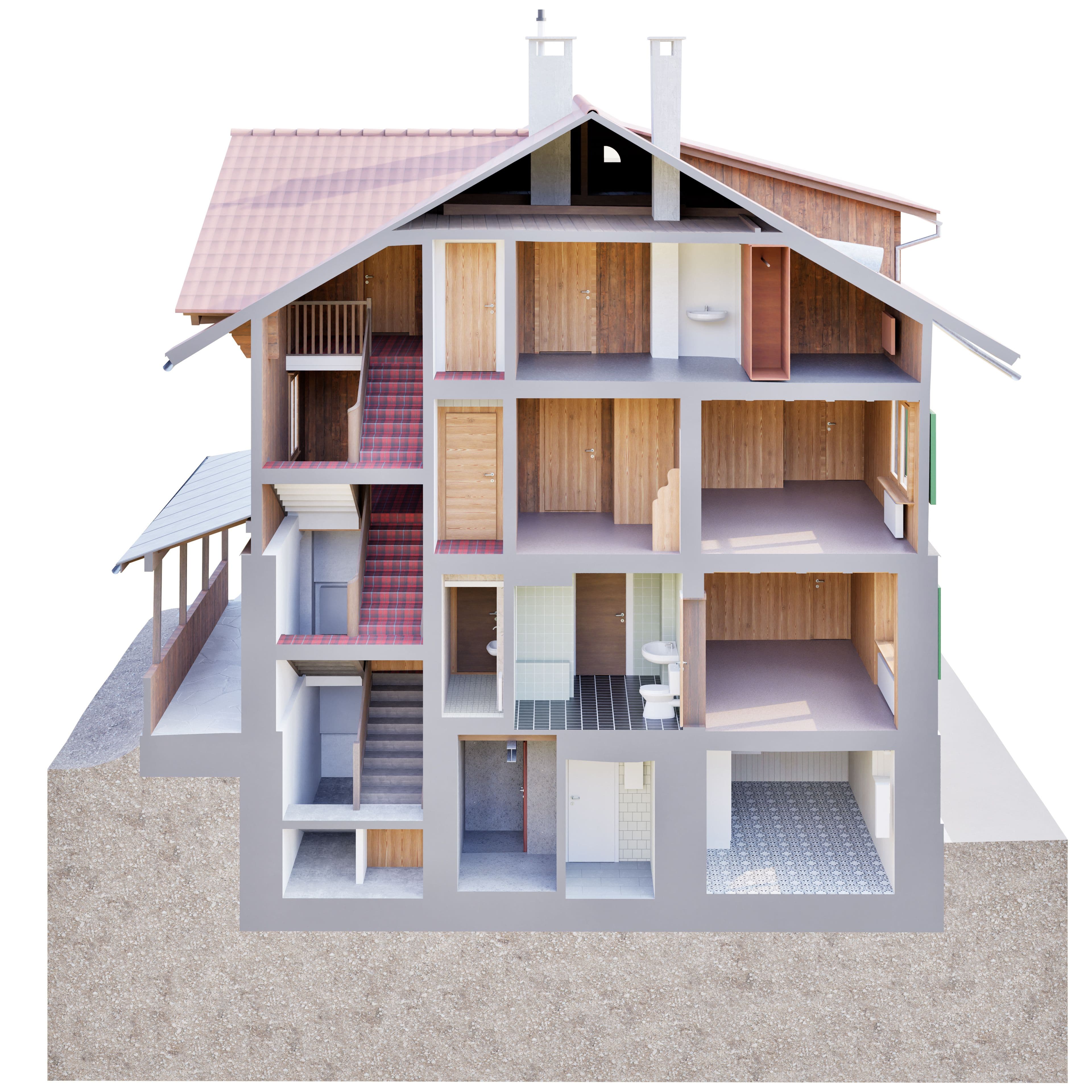 3D-Bestandesmodell eines Wohnhauses in Klosters, erstellt aus Punktwolkendaten als Grundlage für den Umbau im Bestand