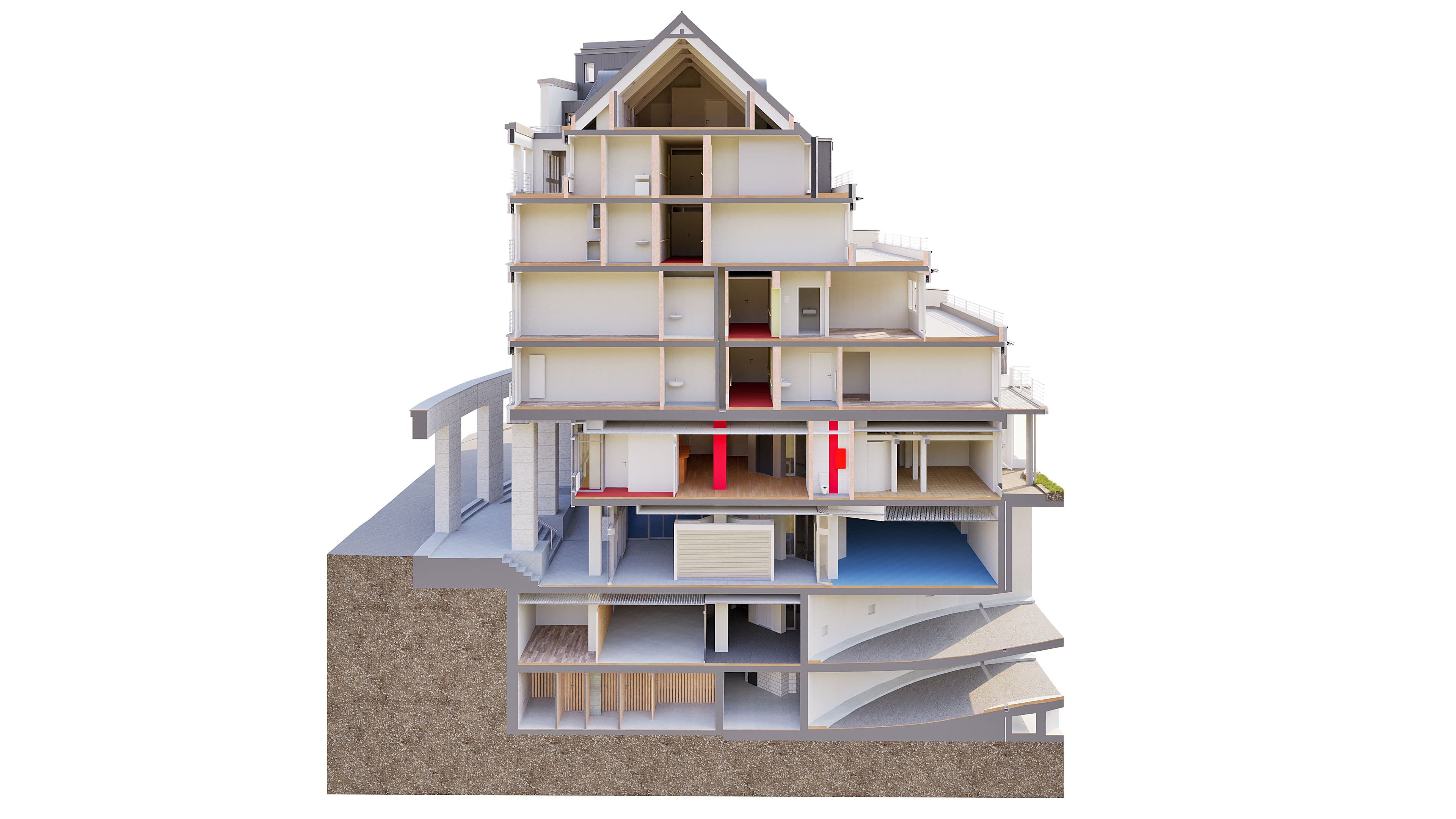 Querschnitt eines mehrstöckigen Wohngebäudes, zeigt Innenaufbau, Räume und Architekturdetails.
