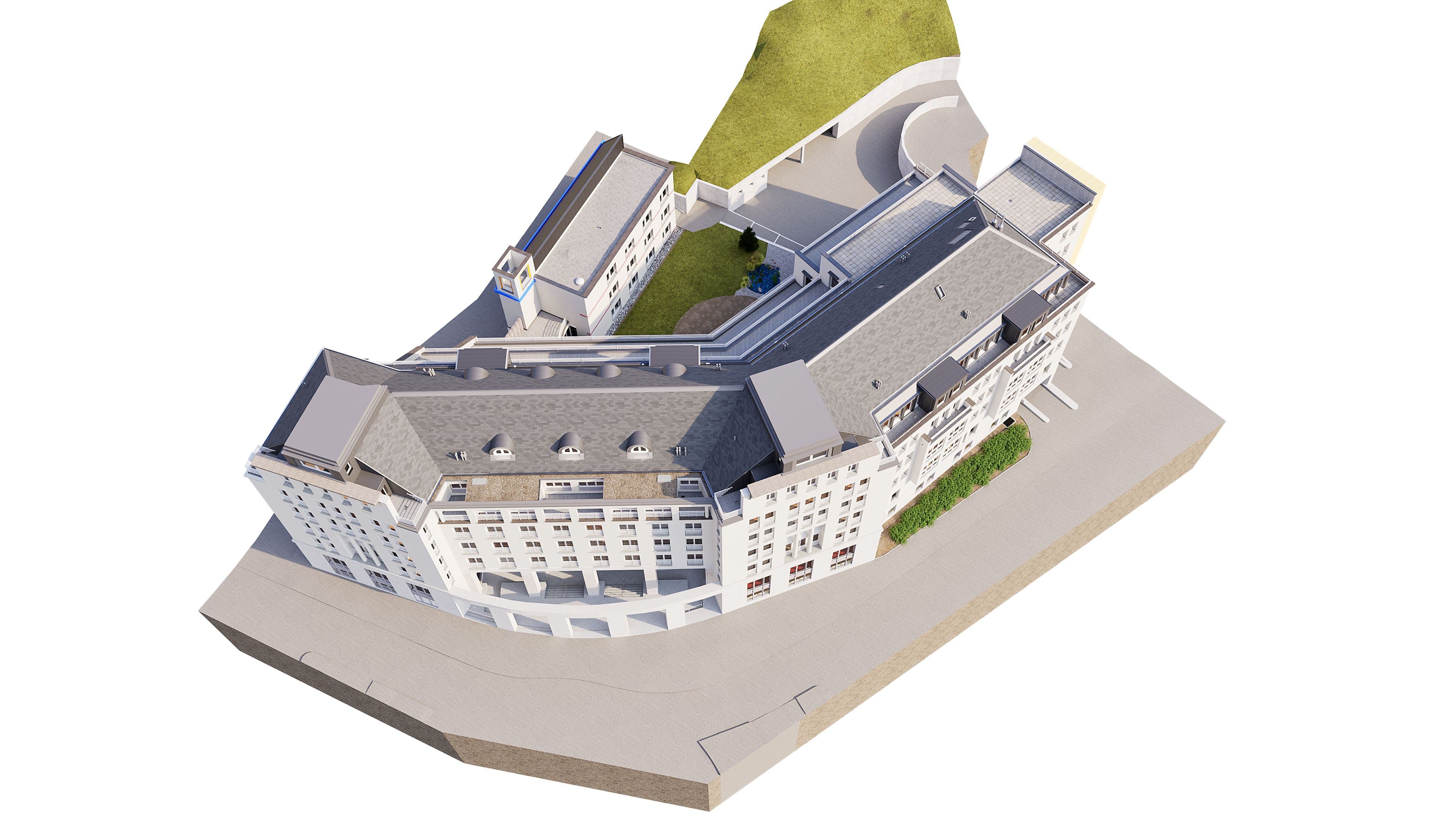 Mehrstöckiges Gebäude mit zeitgenössischer Architektur, umgeben von Grünflächen, Luftansicht.