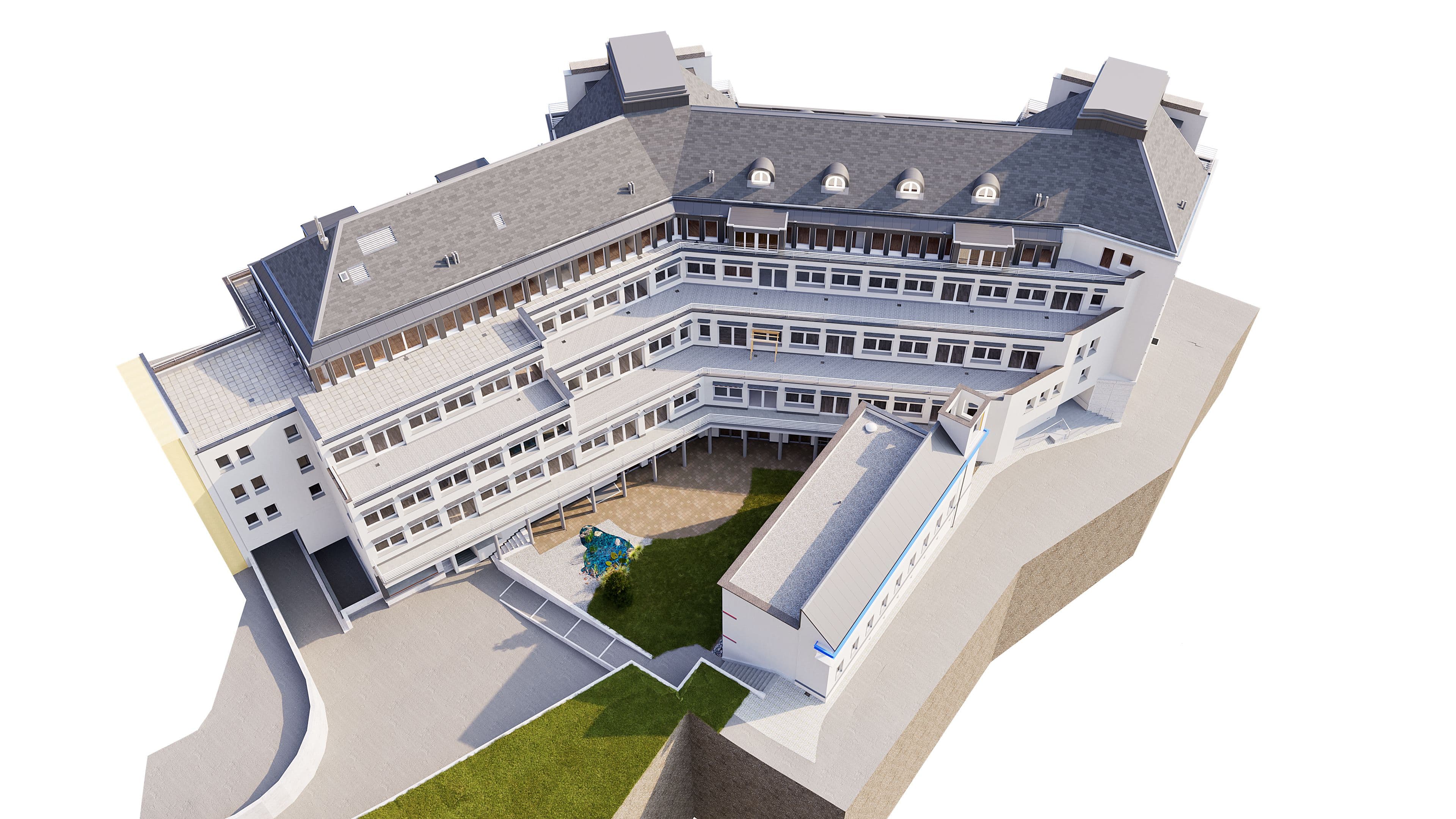 Mehrstöckiges Gebäude mit modernem Design und Innenhof, von oben betrachtet.