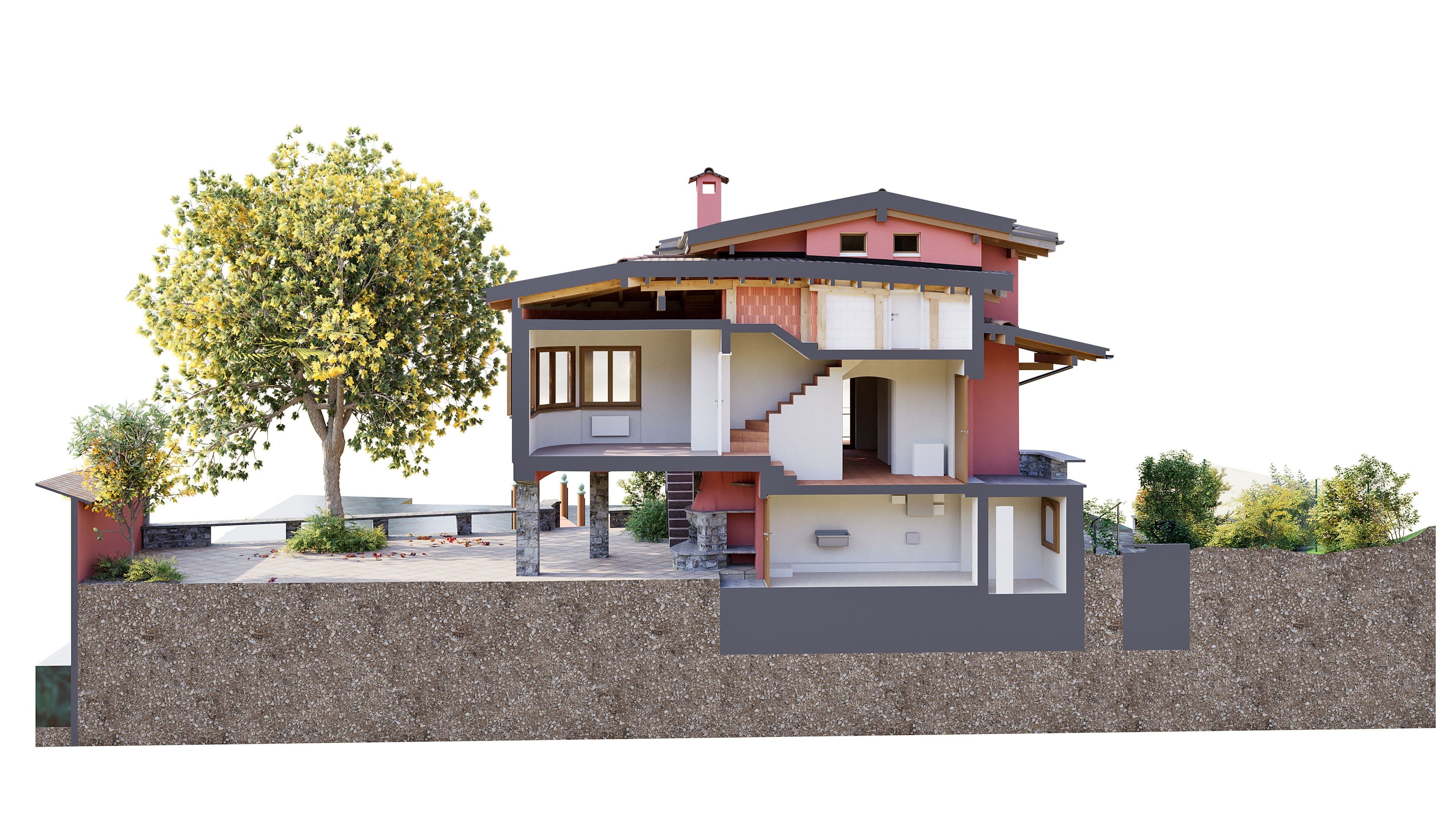 Energieeffizientes Haus mit raumhohen Fenstern, begrüntem Dach und offenem Grundriss, umgeben von üppigem Garten.