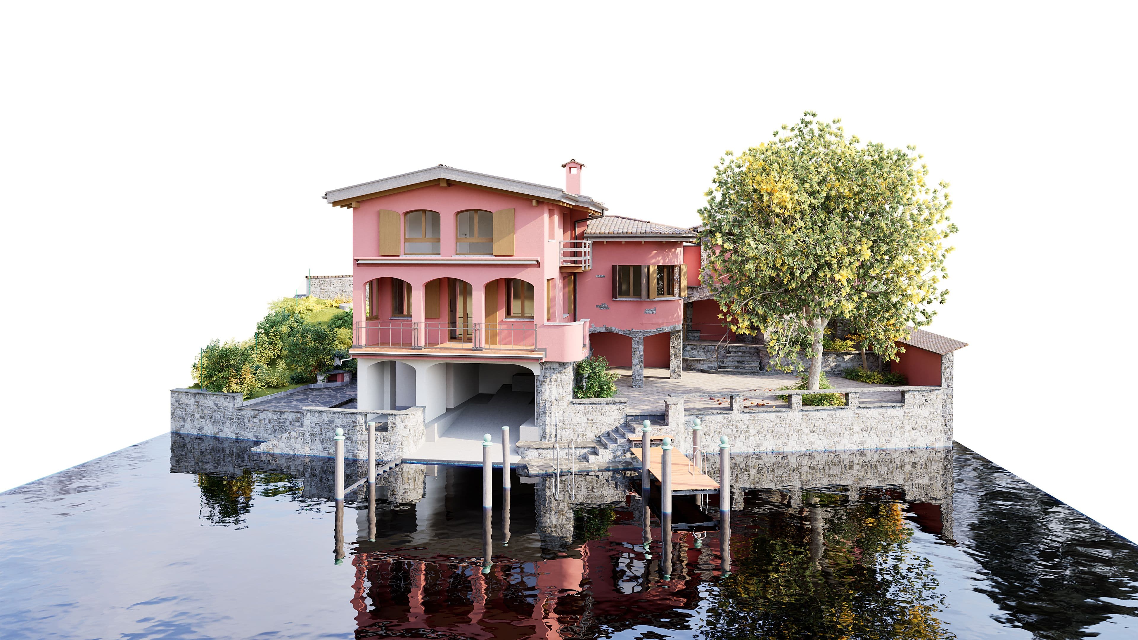 Rosa Villa am Wasser mit Steg und Baumbestand.