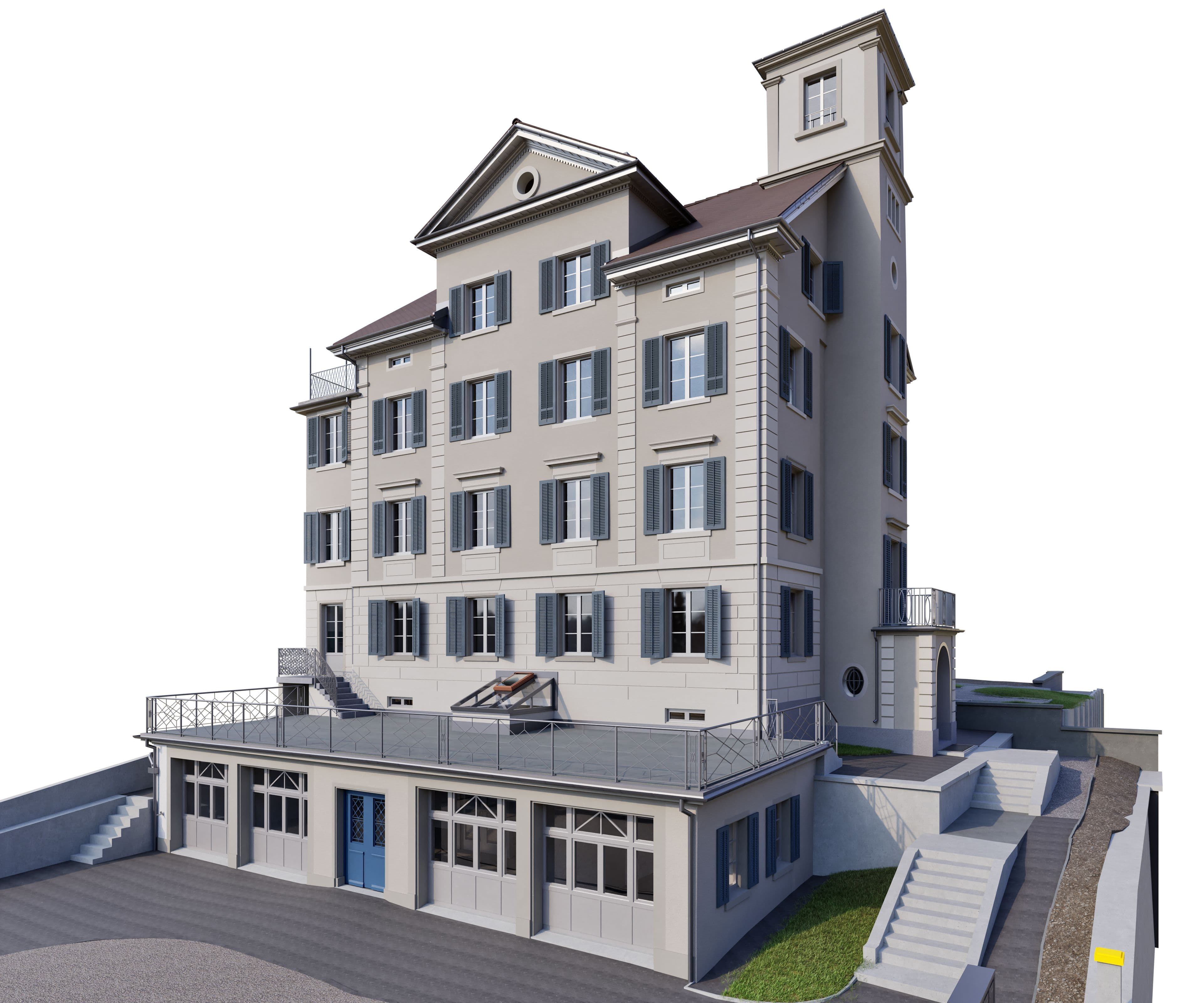 3D-Rendering eines mehrstöckigen historischen Gebäudes mit Turm, Fensterläden und Terrasse, Vorderansicht mit Eingang, Garagentoren und Treppenanlagen auf weißem Hintergrund.
