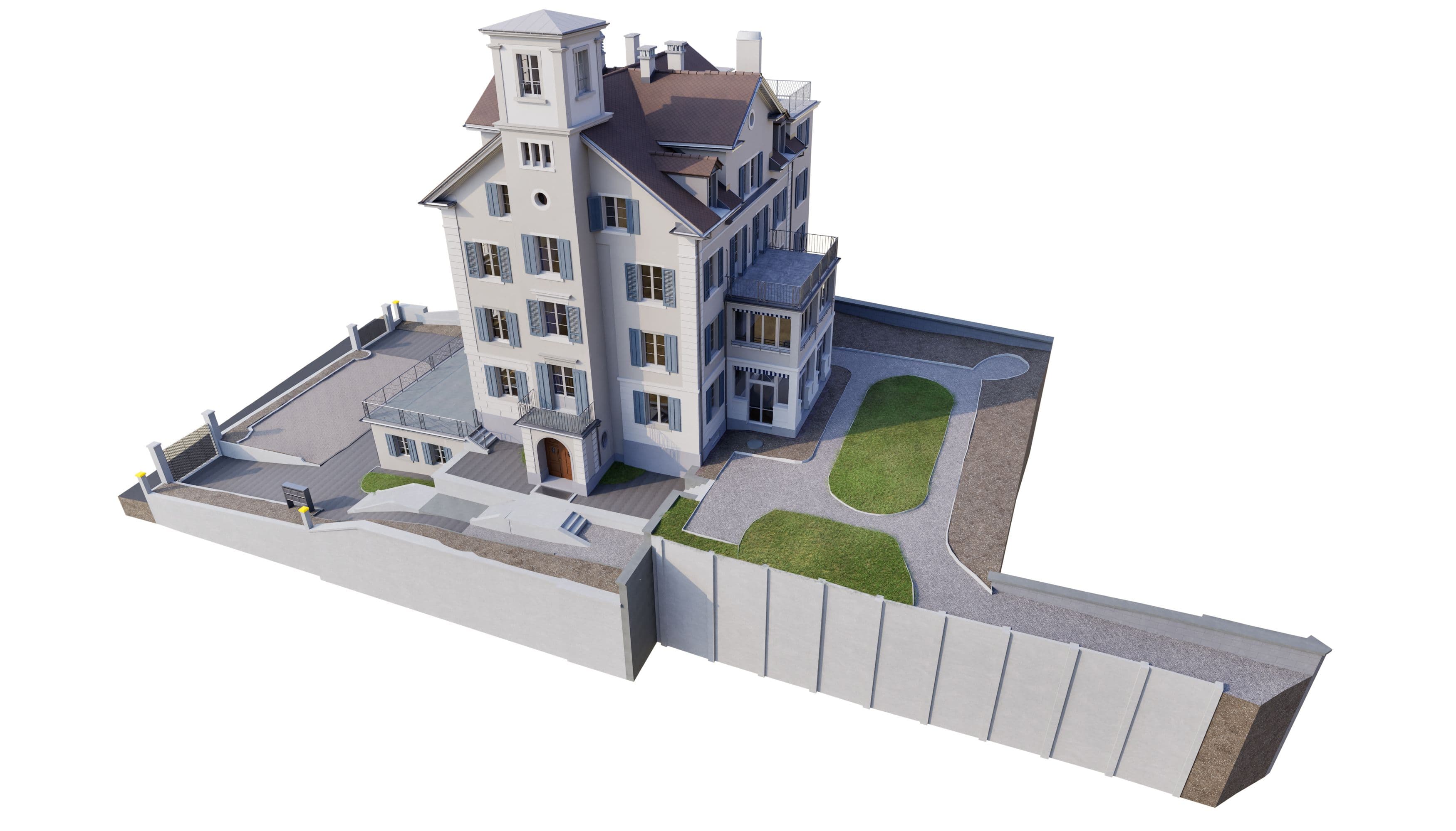 3D-Rendering eines mehrstöckigen historischen Gebäudes mit Innenhof, Grünfläche und umlaufender Mauer, perspektivische Ansicht auf weißem Hintergrund.