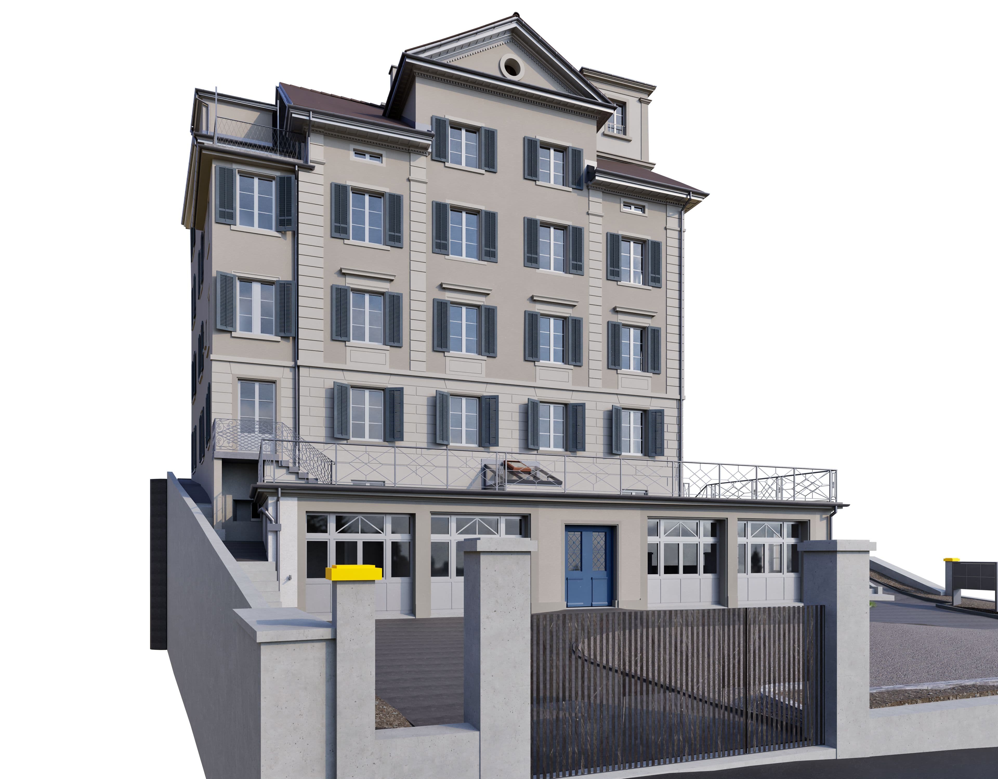 3D-Visualisierung eines mehrstöckigen Wohn- und Geschäftshauses mit grauer Fassade, Fensterläden, Eingangstor und ummauertem Hof, frontale Ansicht auf weißem Hintergrund.