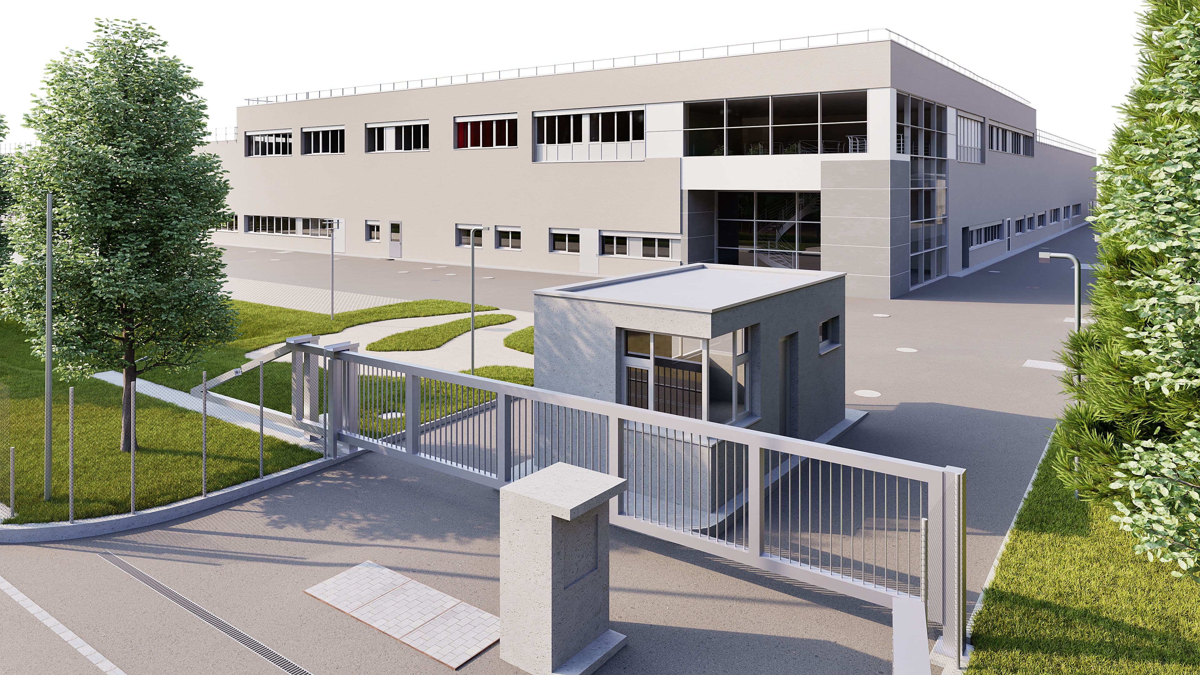 Modernes Industriegebäude mit Bürotrakt, Vorgarten und Eingangstor.