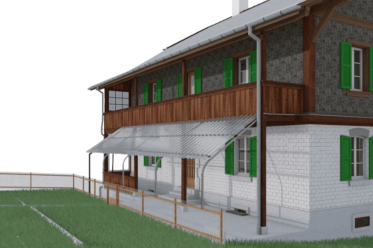 Ein traditionelles zweistöckiges Bauernhaus mit grün gestrichenen Fensterläden und Holzbalken, umgeben von einem Garten.