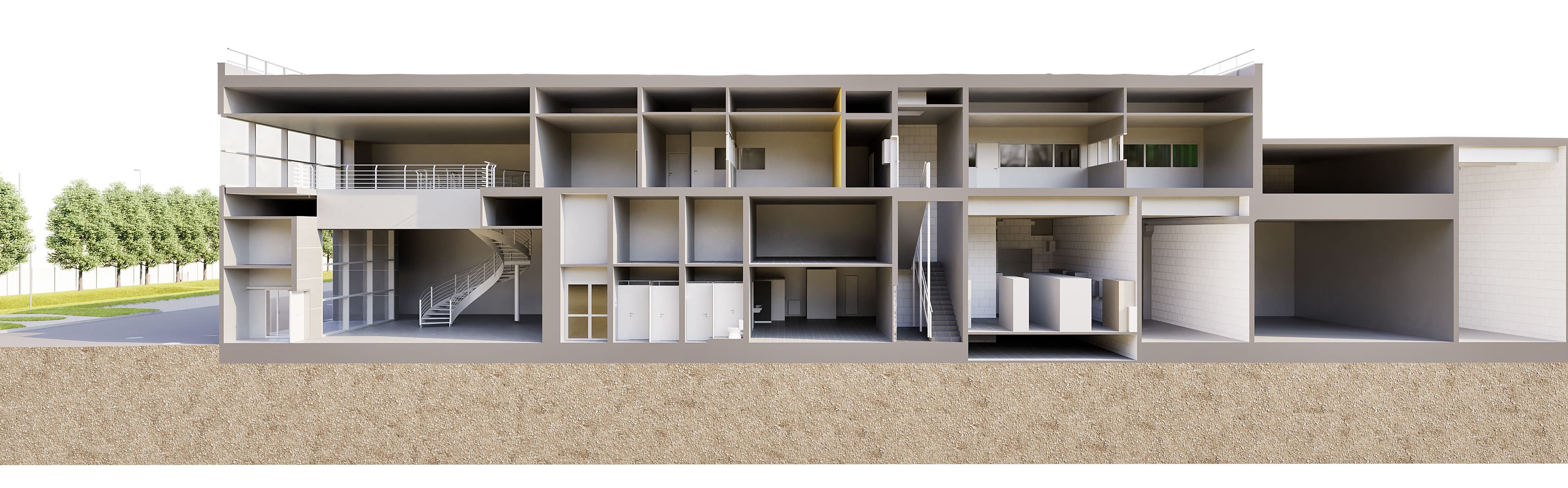 Entwurf eines modernen Gebäudeschnitts, zeigt Innenräume und Architekturdetails.