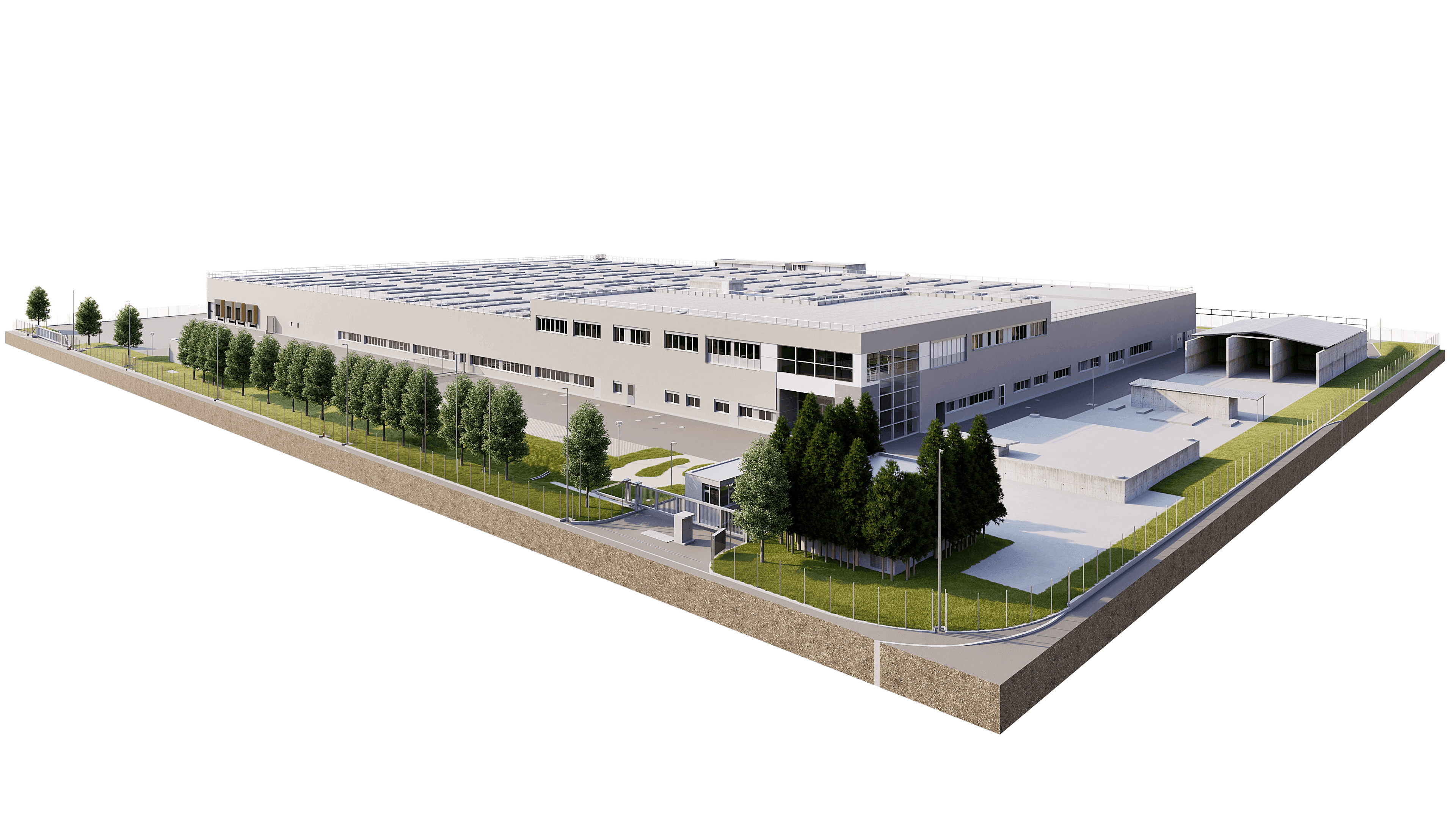 Industrielle Gebäudeansicht mit moderner Architektur, umgeben von grünen Bäumen und Rasenflächen, die saubere und effiziente Lager- oder Produktionsmöglichkeiten darstellen.