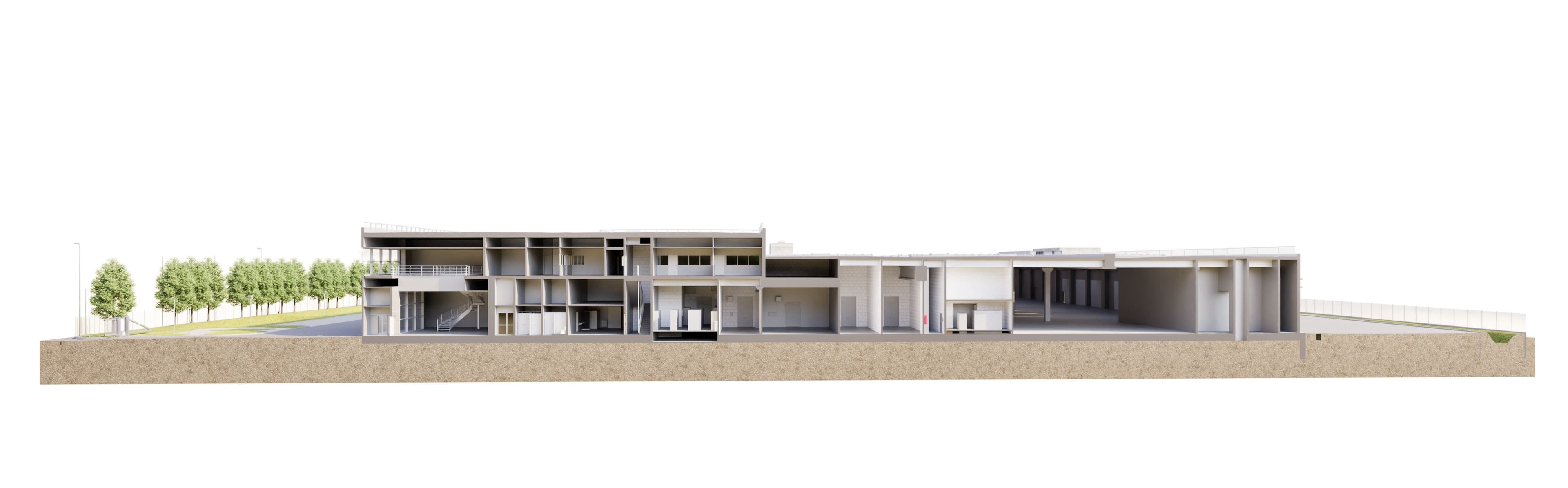 Querschnitt eines modernen Gebäudes mit viel Glas und umgeben von Bäumen.